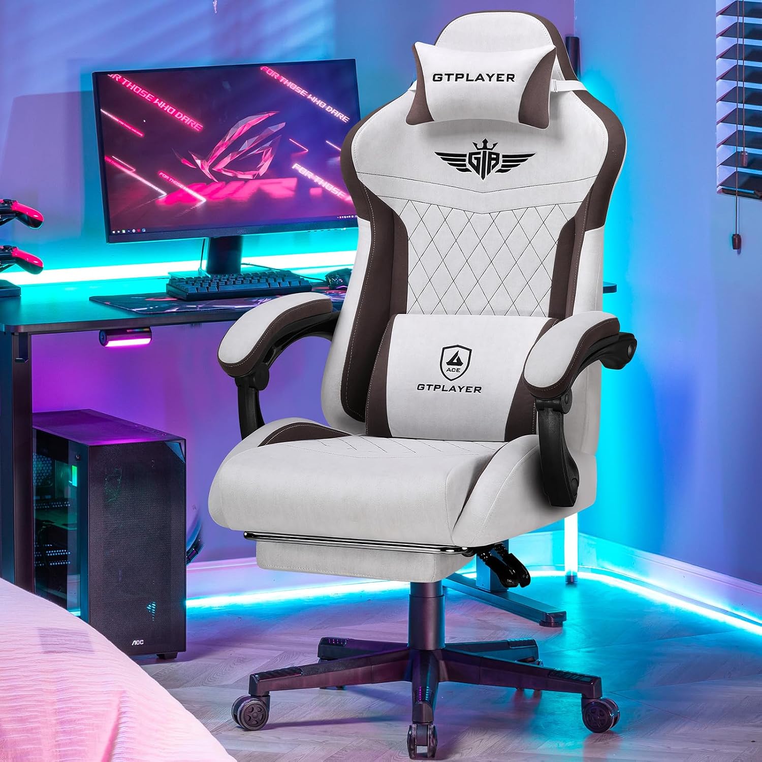 GTPLAYER Gaming Chair, Video Game Chairs with Footrest and Lumbar Support, Computer Chair for Adults with Extended Backrest, Ergonomic Reclining Silla Gamer, Fabric, Brown