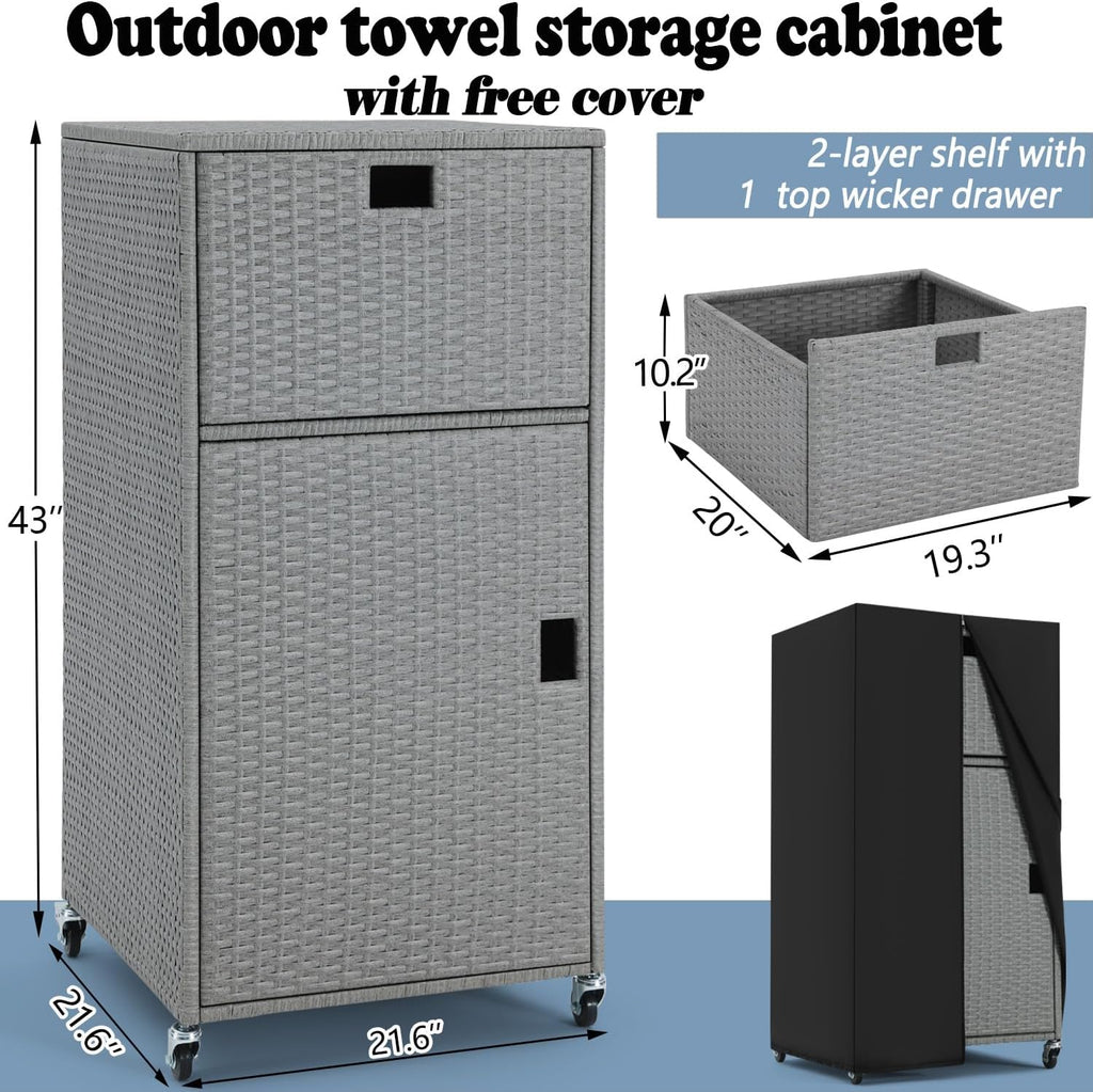 Outdoor Pool Towel Storage Cabinet Outdoor Towel Rack For Pool With Shelf & Drawer Pool Towel Holder With Rolling Wheels Hot Tub Towel Rack W/Waterproof Cover Poolside Towel Valet Caddy For Spa Grey