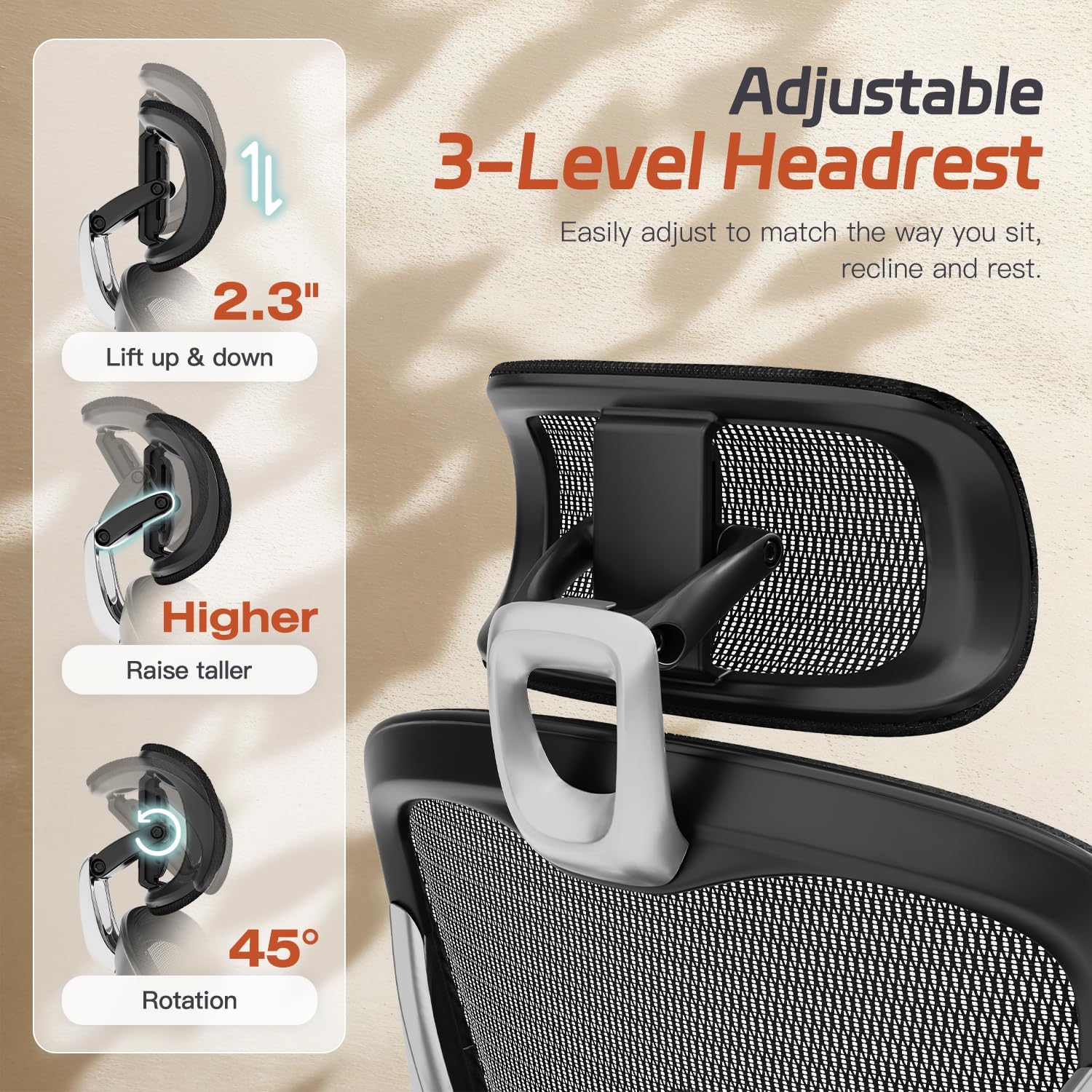 Ergonomic Office Chair, Mesh Desk Chair with Footrest, Adjustable Lumbar Support, 3D Armrest & Large Headrest, 3-Gear Tilt Recline, Stable Swivel Computer Gaming Chairs for Man Woman