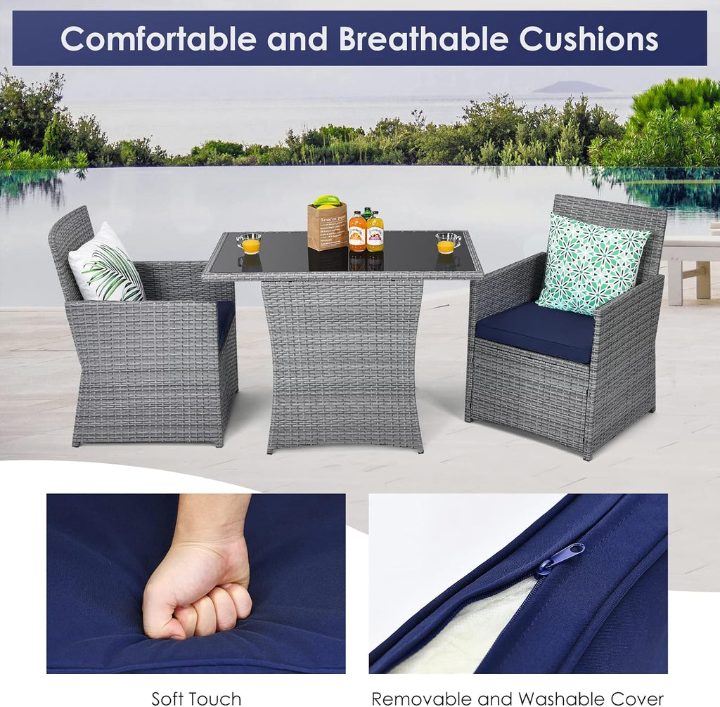 HAPPYGRILL 3 Piece Patio Furniture Set, Outdoor PE Rattan Wicker Bistro Set with Washable Cushions & Tempered Glass Table, for Backyard Porch Garden Balcony Poolside