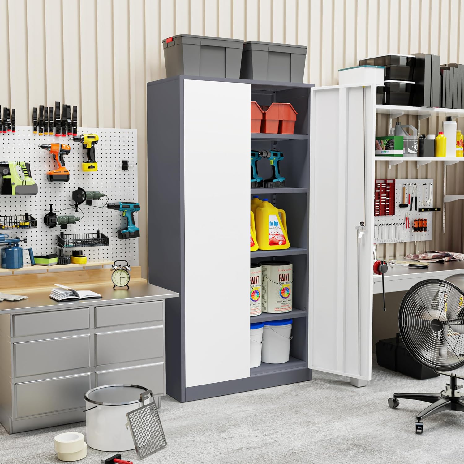 Incbruce Patio Metal Storage Cabinets, 72' H x16 D Outdoor Tool Shed with Doors and Adjustable Shelves for Home, Patio, Office (Grey White)