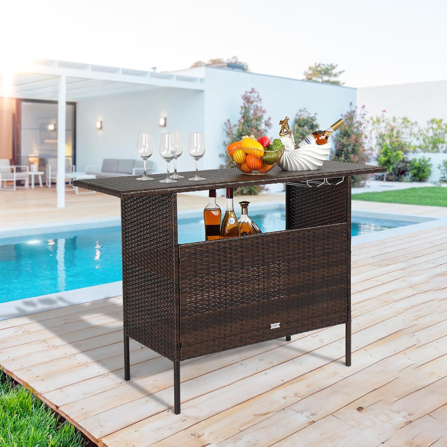 VINGLI Outdoor Storage Cabinet with Wheels, Waterproof Woven Rattan with Double Magnetic Doors, Mobile Multi-Purpose Cabinet for Storage, Buffet Server, Bar Table, Potting Bench (Classic)