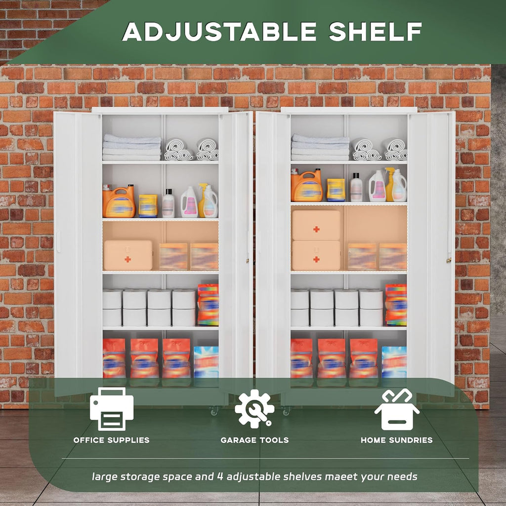 Greenvelly White Metal Storage Cabinet with Wheels, 73' Steel Garage Rolling Cabinet with Doors and 4 Shelves, Tall Locking Cabinets Tool Lockable Storage Cabinets for Basement, Pantry, Home Office