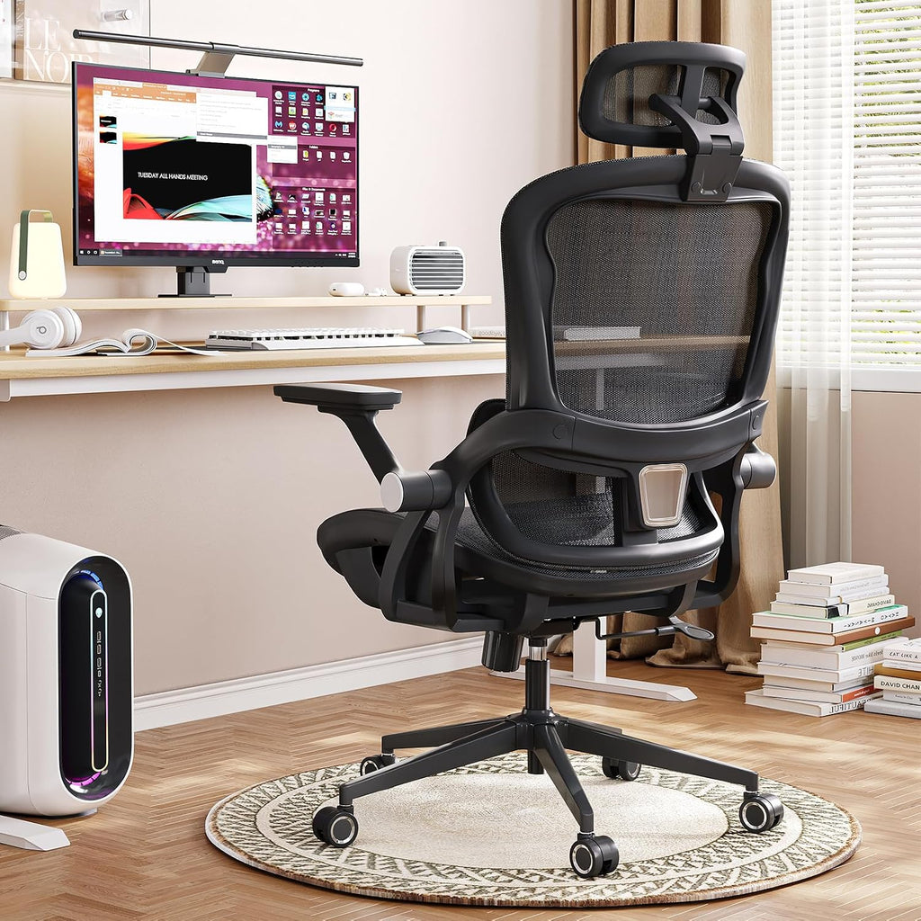 Office Chair Ergonomic Desk Chair with Lumbar Support&Headrest&Flip-up Arms Height Adjustable Rocking Swivel High Back Computer Chair Multi-Angle from 90° to 130° with 350LBS Capacity(04black)