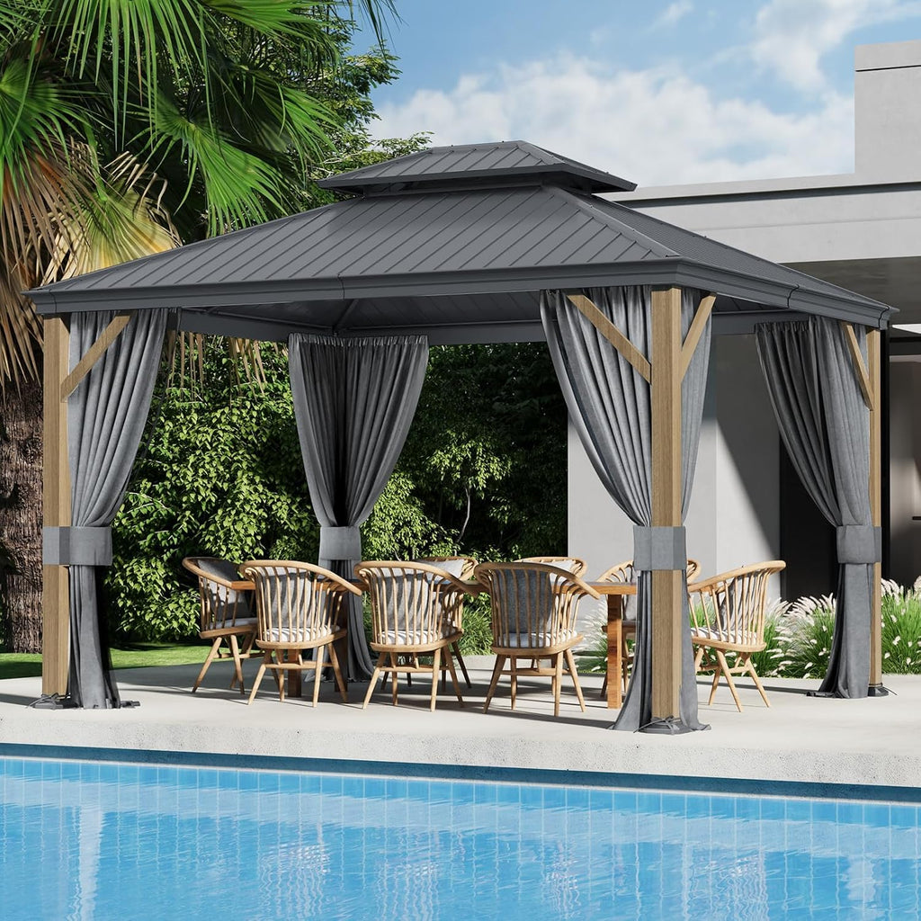 Florise 10x 12 Ft Hardtop Gazebo, Outdoor Metal Canopy with Heavy Duty Aluminum Frame, Privacy Curtain and Netting Included, for Patio, Garden, Yard & Lawn
