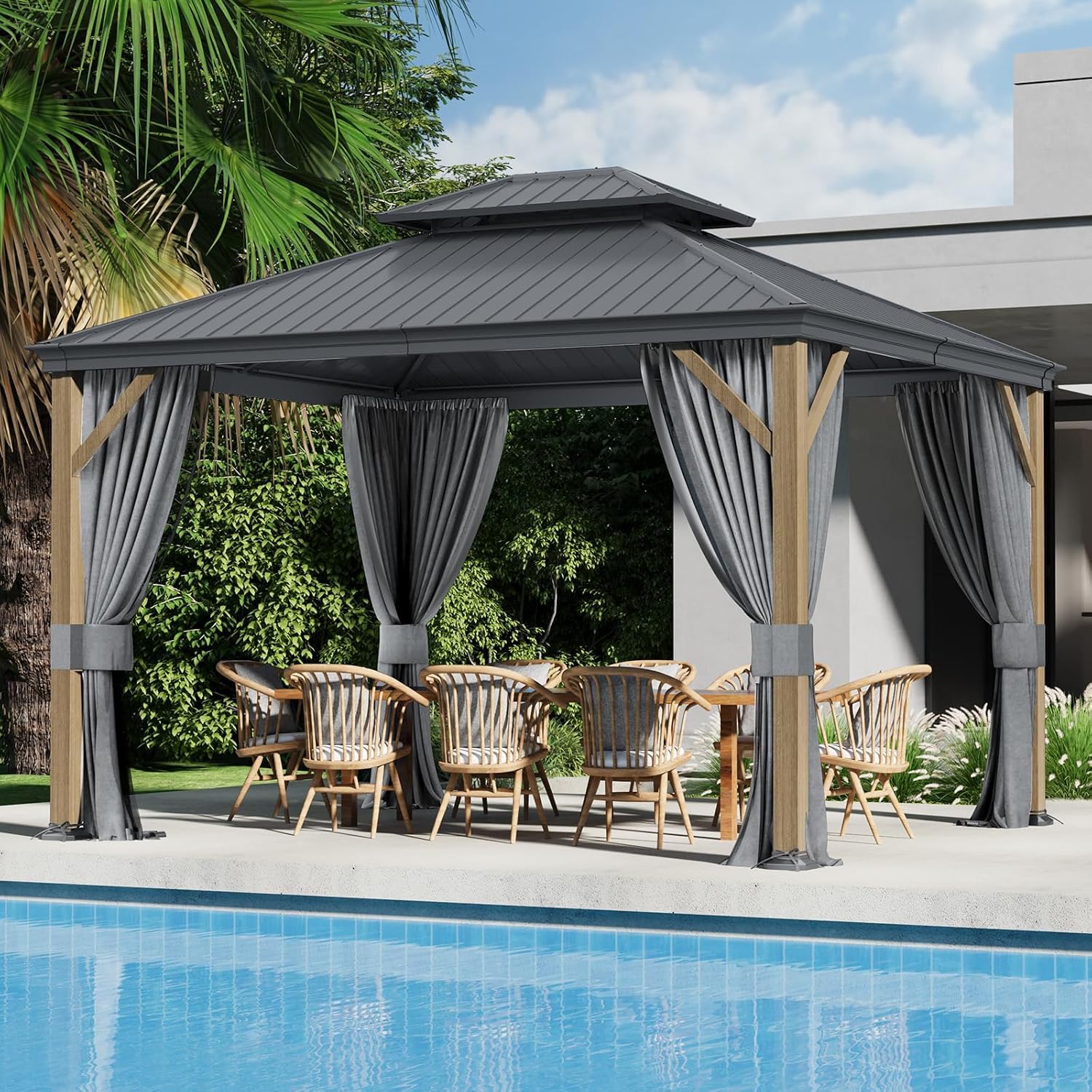 Florise 10x 12 Ft Hardtop Gazebo, Outdoor Metal Canopy with Heavy Duty Aluminum Frame, Privacy Curtain and Netting Included, for Patio, Garden, Yard & Lawn