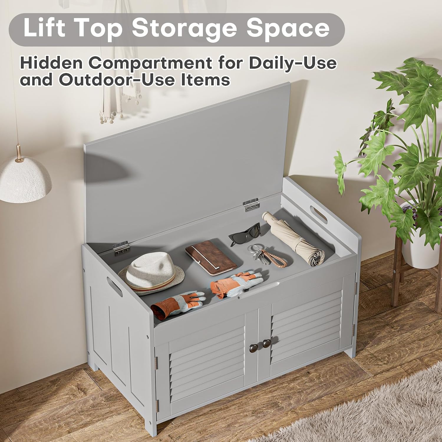 WARMHONIU Shoe Storage Bench with Lift Top Storage, Entryway Bench with Cushioned Seat, Adjustable Shelf, 2 Tier Shoe Rack with Doors for Entryway, Bedroom, Hallway, Mudroom, Grey