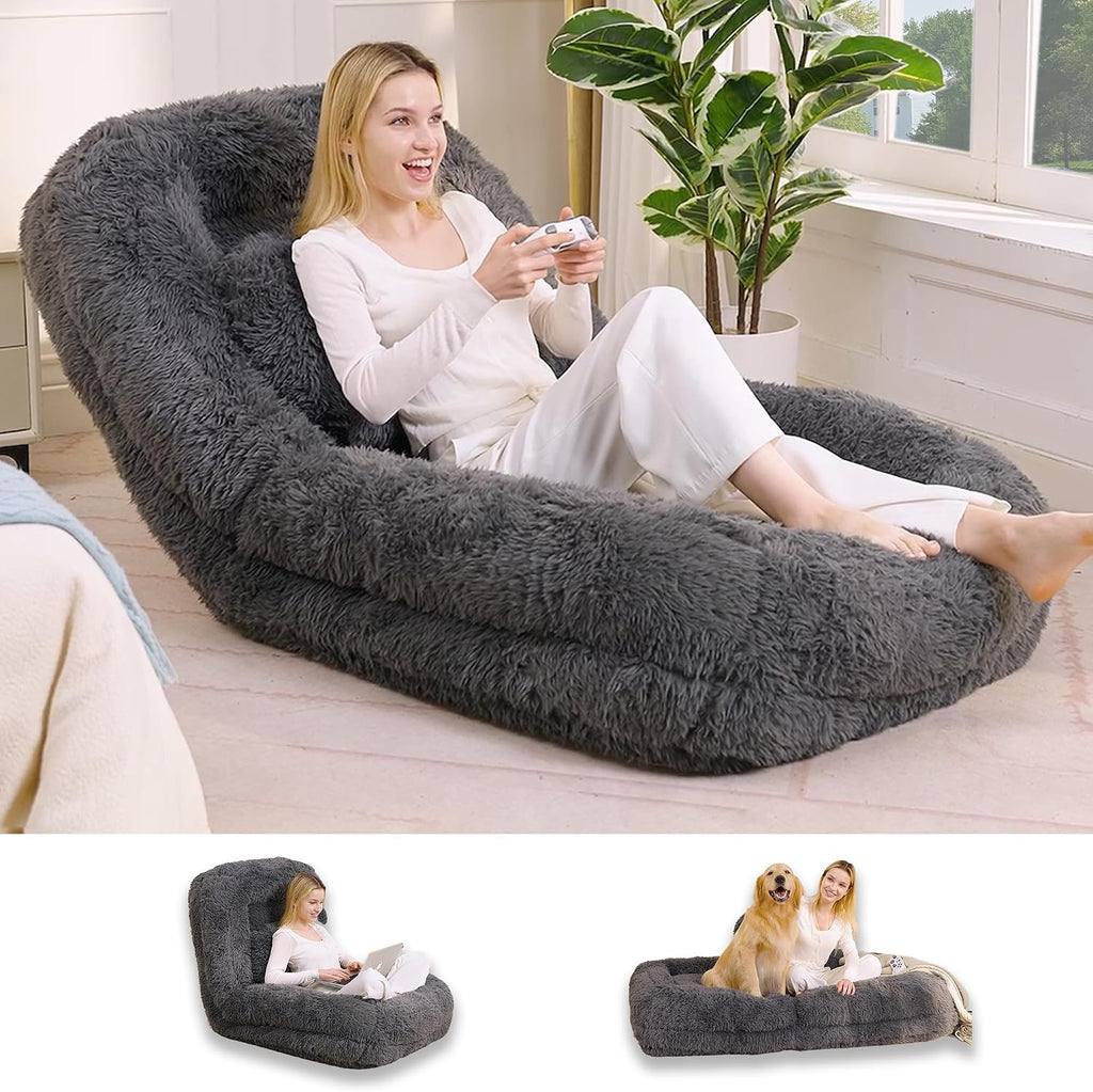 Floor Chair with Back Support, Human Dog Bed with 5 Adjustable Position, Convertible Lazy Floor Lounger, Comfy Gaming Chair, Plush Folding Sofa Bed for Adult, Living Room, Bedroom, Dark Gray