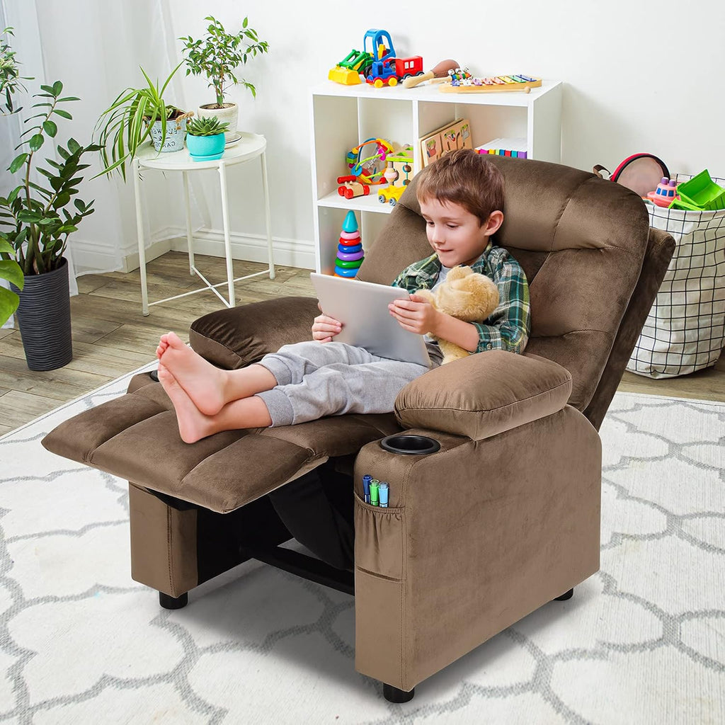 MAT EXPERT Kids Recliner, Velvet Adjustable Reading Chair w/ 2 Cup Holder, 3 Side Pocket Storage & Footrest, Kids Couch Gaming Chair, Toddler Lounge Chair for Boys Girls, Kids Room Playroom (Coffee)