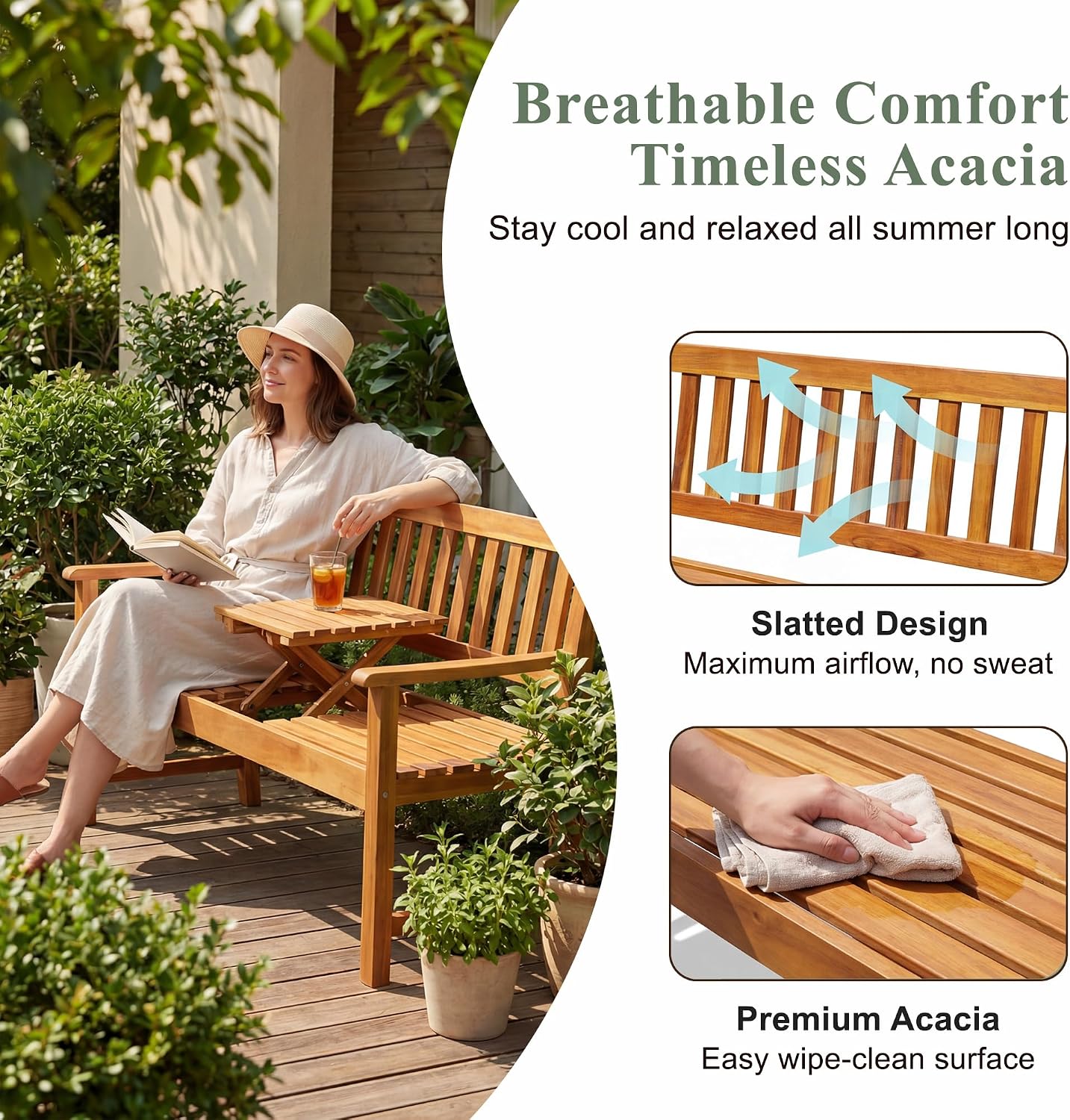 Devoko Outdoor Bench, 2-Person Garden Bench, Patio Wood Bench Outdoor Loveseat with Pull-Out Center Table for Backyard, Balcony and Patio and Garden (Log Color)