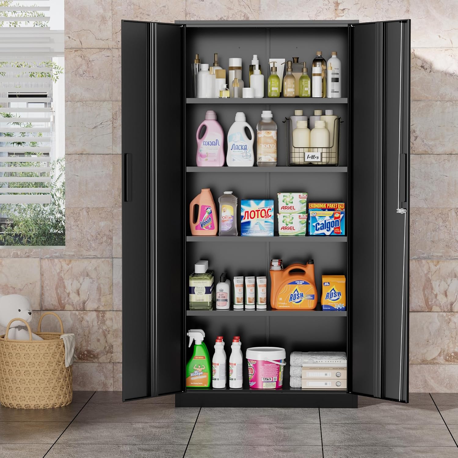 Greenvelly Metal Garage Storage Cabinet, 72' Lockable Storage Cabinet with Adjustable Shelves, Steel Tool Cabinets, Black Metal File Cabinet for Home Office, Garage, School, Classroom(36' W x 18' D)