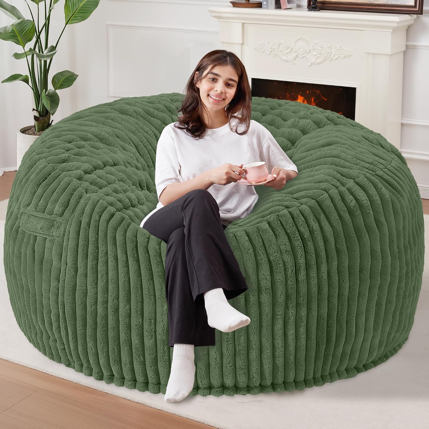 Homguava 6 FT Bean Bag Chair,6' Big Bean Bag,Giant Bean Bag Chairs for Adults with Memory Foam Filled,Comfy Large Beanbag Chairs Soft Bean Bag Sofa with Dutch Corded Plush Cover-Green
