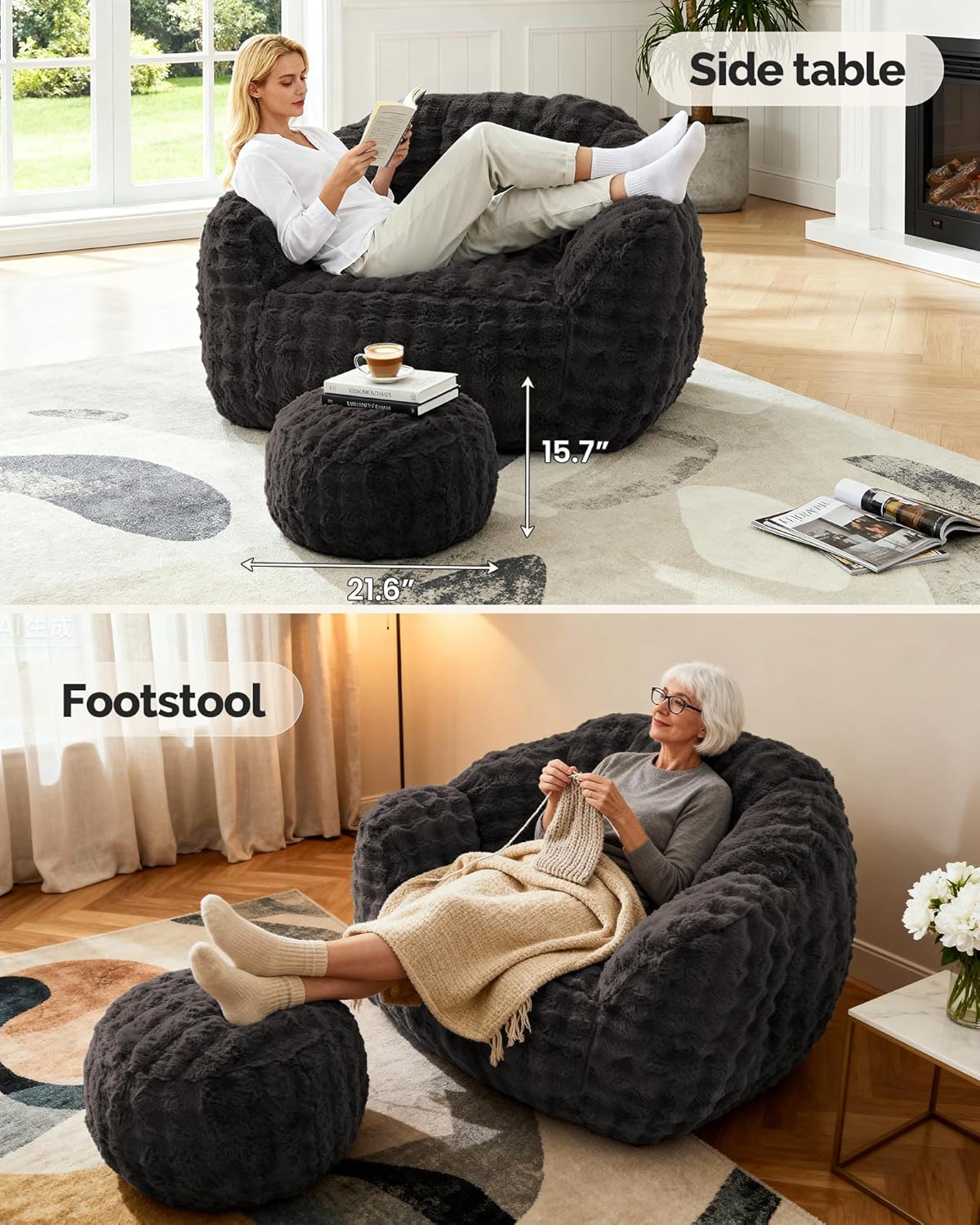 KINGYES Giant Bean Bag Chair with Ottoman, 3 in 1 Bean Bag Couch with Memory Foam Filler,Gaming Chair for Adults, Bean Bag for Kids & Teen, Dark Gray