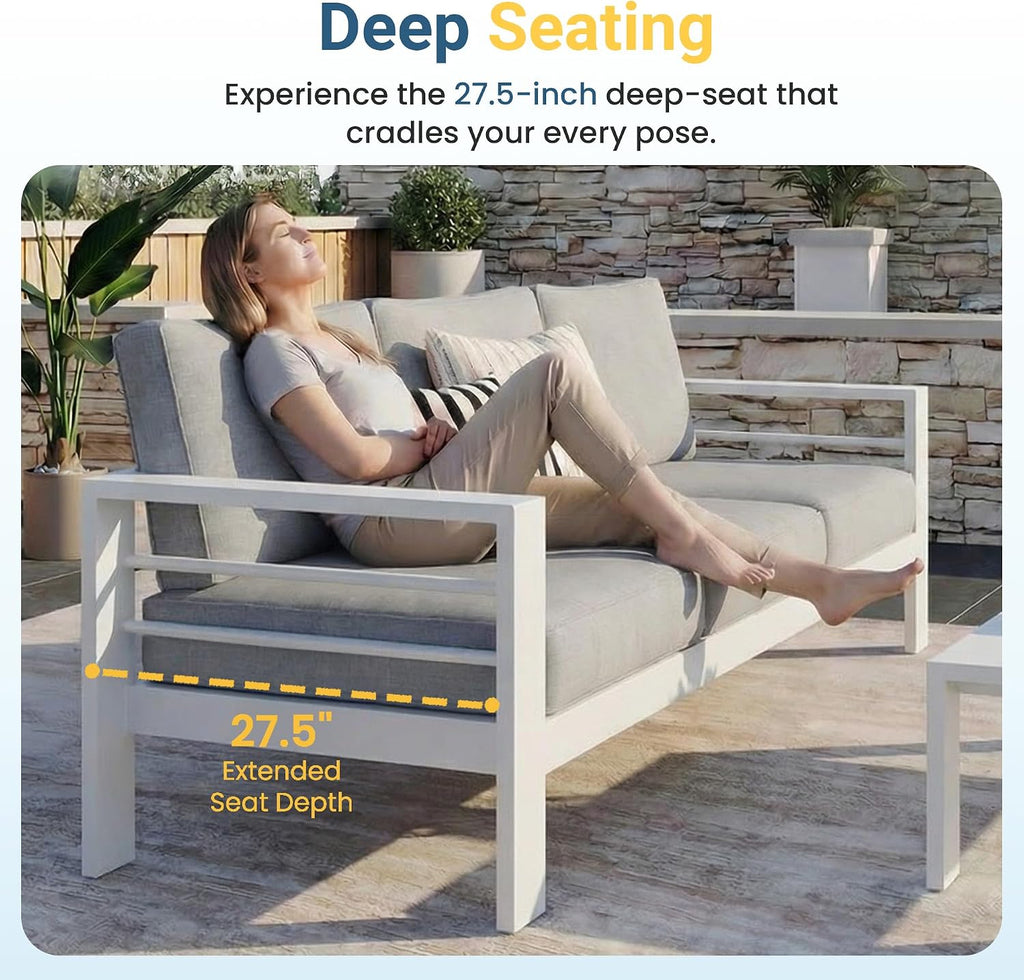 Wisteria Lane Aluminum Outdoor Patio Furniture Set, Modern Patio Conversation Sets, Outdoor Sectional Metal Sofa with 5 Inch Cushion and Coffee Table for Balcony, Garden, Light Grey