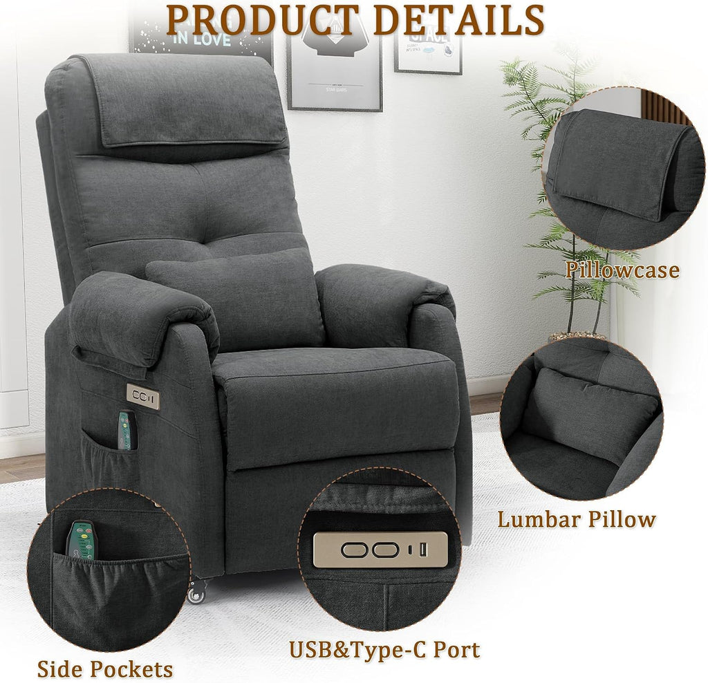 Korser Power Recliner Chair for Adults, Recliner for Small Spaces with Rollers, Electric Chair with Massage and Heat, USB and Type-C Charge Port, Fabric Recliner Chair for Living Room, Bedroom