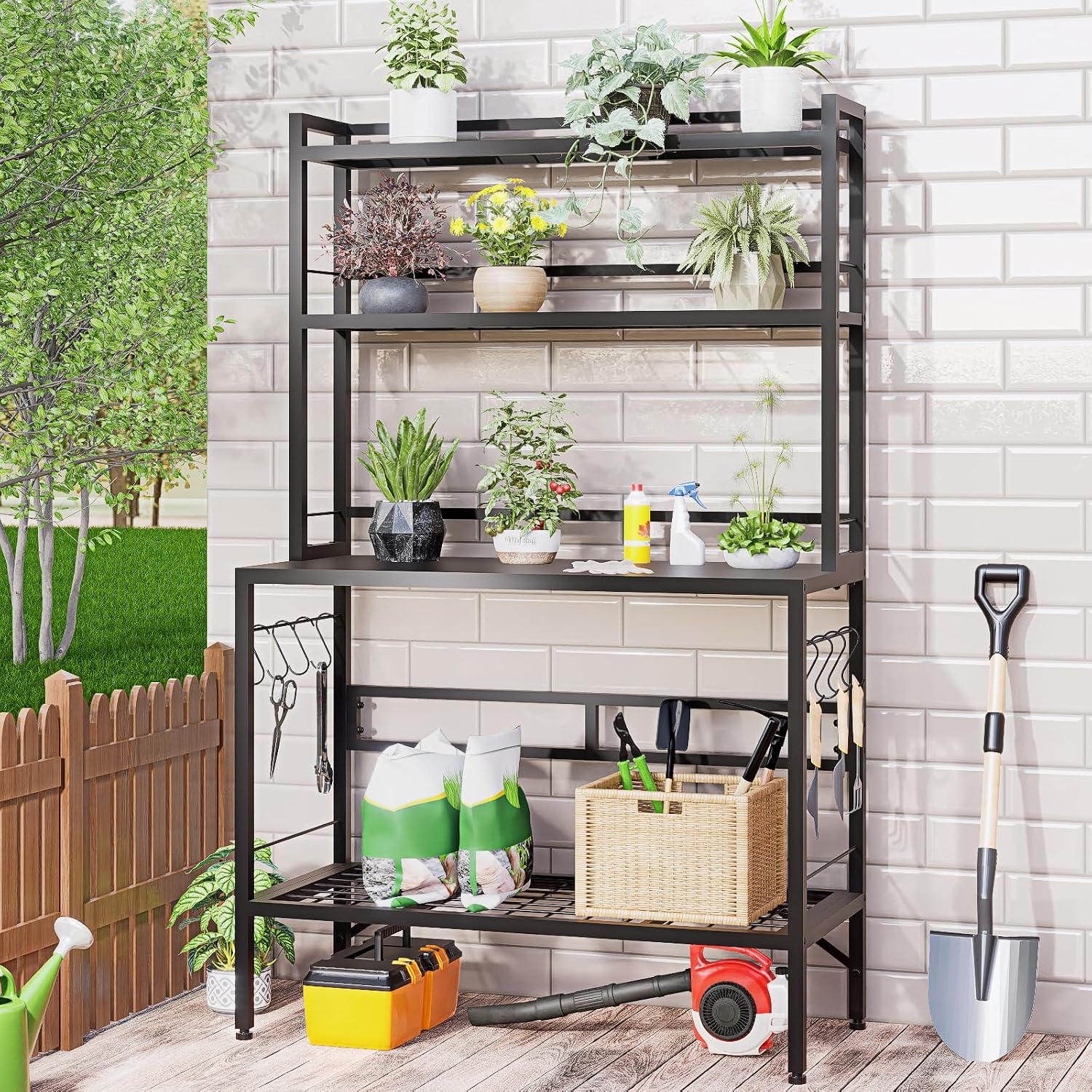Outdoor Potting Bench Table with Storage, 63' Tall Metal Garden Workstation, 4-Tier Plant Stand Shelves with 8 Hooks, Heavy Duty All-Weather Potting Table for Patio, Backyard, Balcony, Black