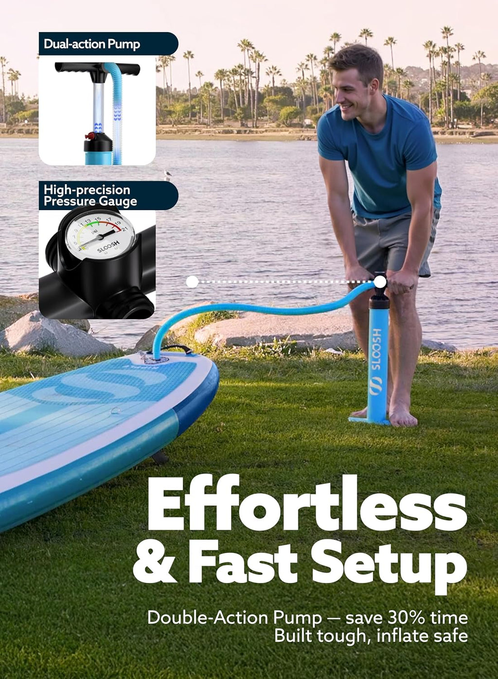 SLOOSH Inflatable SUP & Electric Pump Bundle – 10'6' Paddle Board with Premium Accessories, Non-Slip EVA Deck, 20 PSI Dual-Stage Pump for Fast Inflation, Perfect for Youth & Adults of All Skill Levels