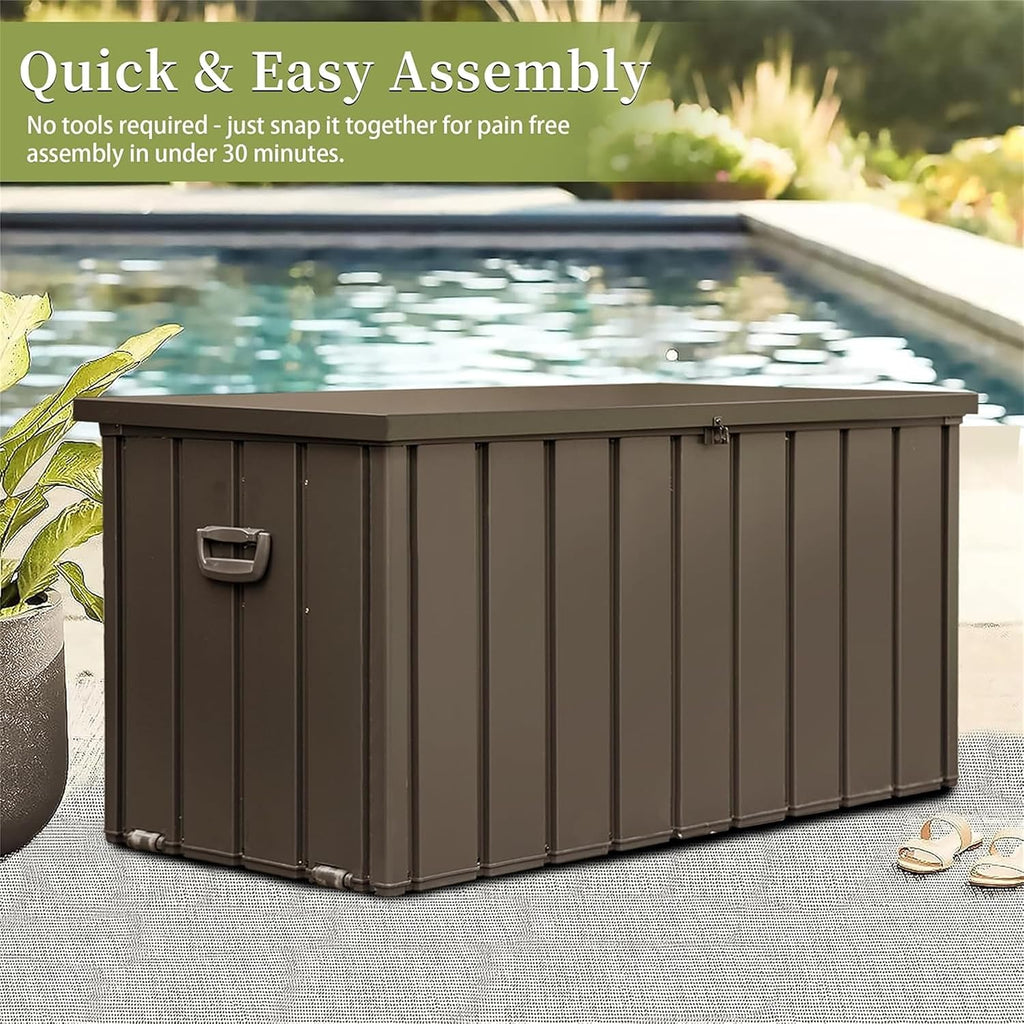 100 Gallon Metal Deck Box, Outdoor Storage Box Waterproof with Wheels, Lockable Storage Container for Patio Furniture Cushions Garden Tools, Dark Brown