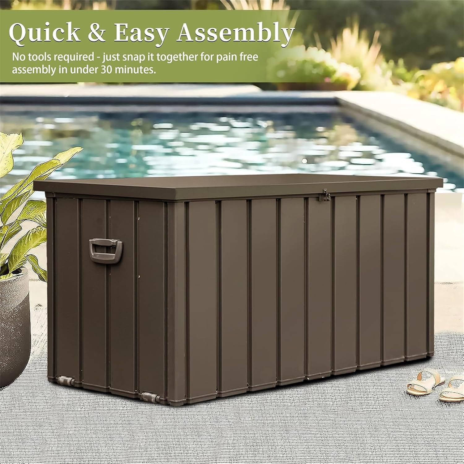 100 Gallon Metal Deck Box, Outdoor Storage Box Waterproof with Wheels, Lockable Storage Container for Patio Furniture Cushions Garden Tools, Dark Brown