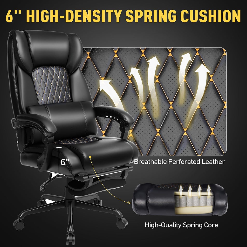3D Kneading Massage Office Chair with Heat, 500 lbs Big and Tall Executive Computer Desk Recliner, Leather Electric Heated Chair with Footrest, Black