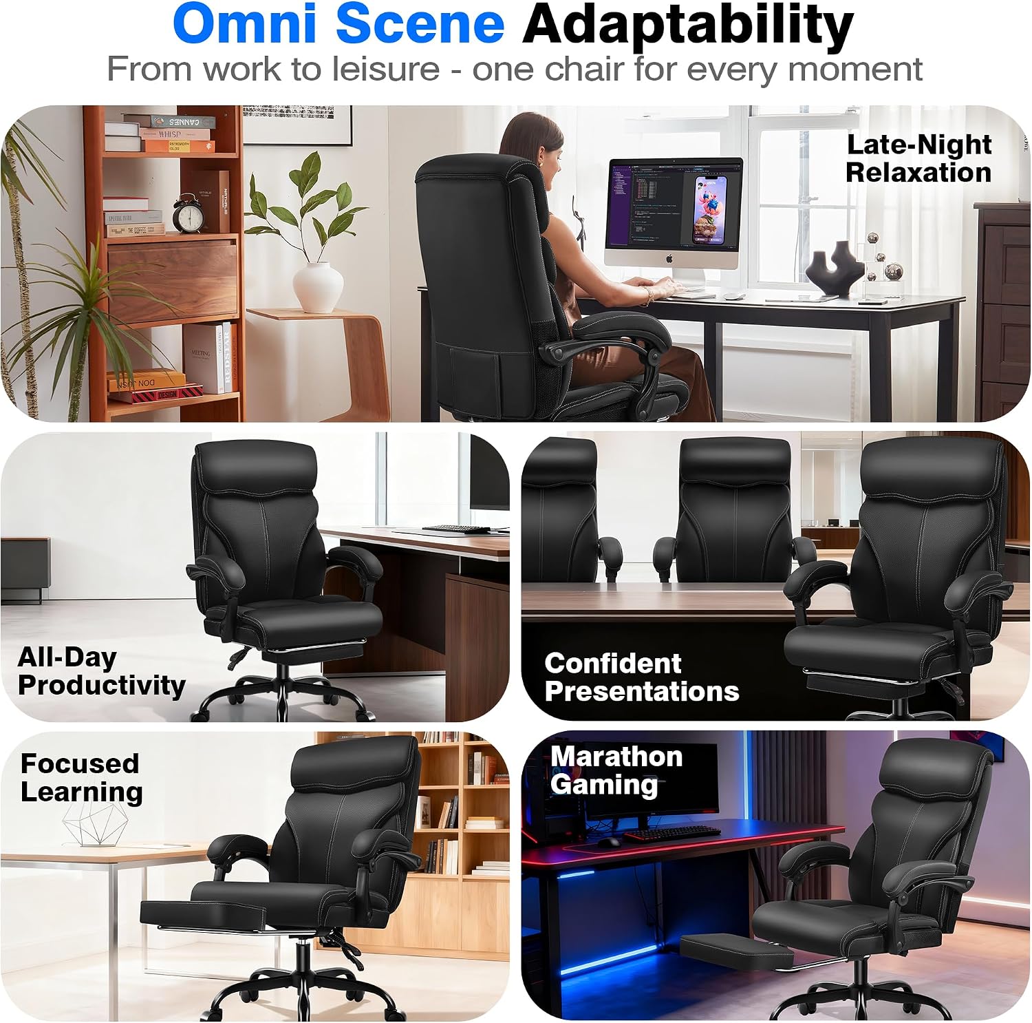 AreShark Office Chair - Ergonomic Comfortable High Back Computer Desk Chair with Foot Rest - Executive Breathable Swivel Rolling Reclining Leather Chair with Lumbar Support for Home Gaming Relaxing