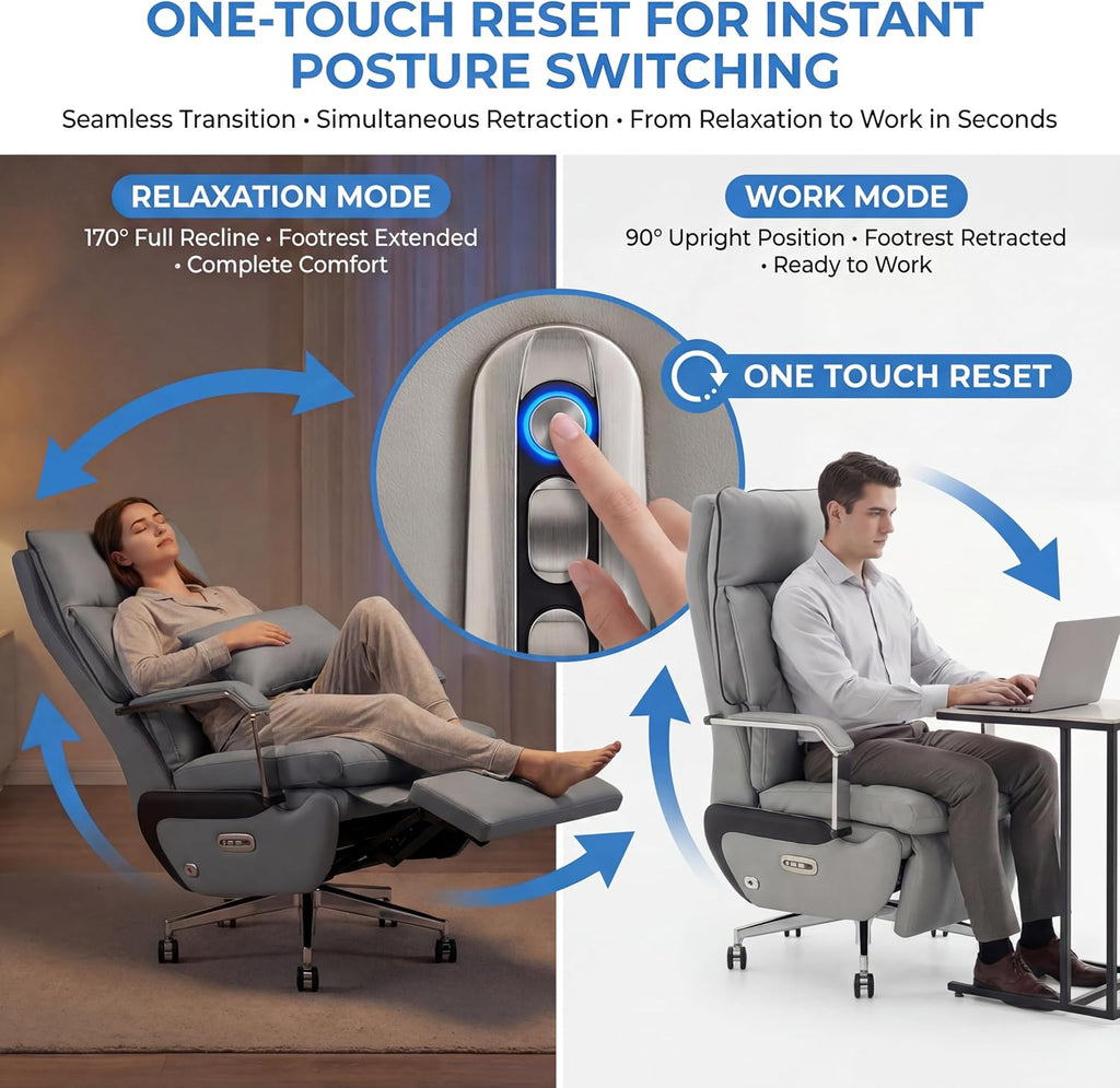 Dual Motor Executive Reclining Office Chair with Footrest – One-Click Electric Recline, Massage Lumbar Support & Pillow, Big and Tall PU Leather Ergonomic Desk Chair for Home Office(Gray)