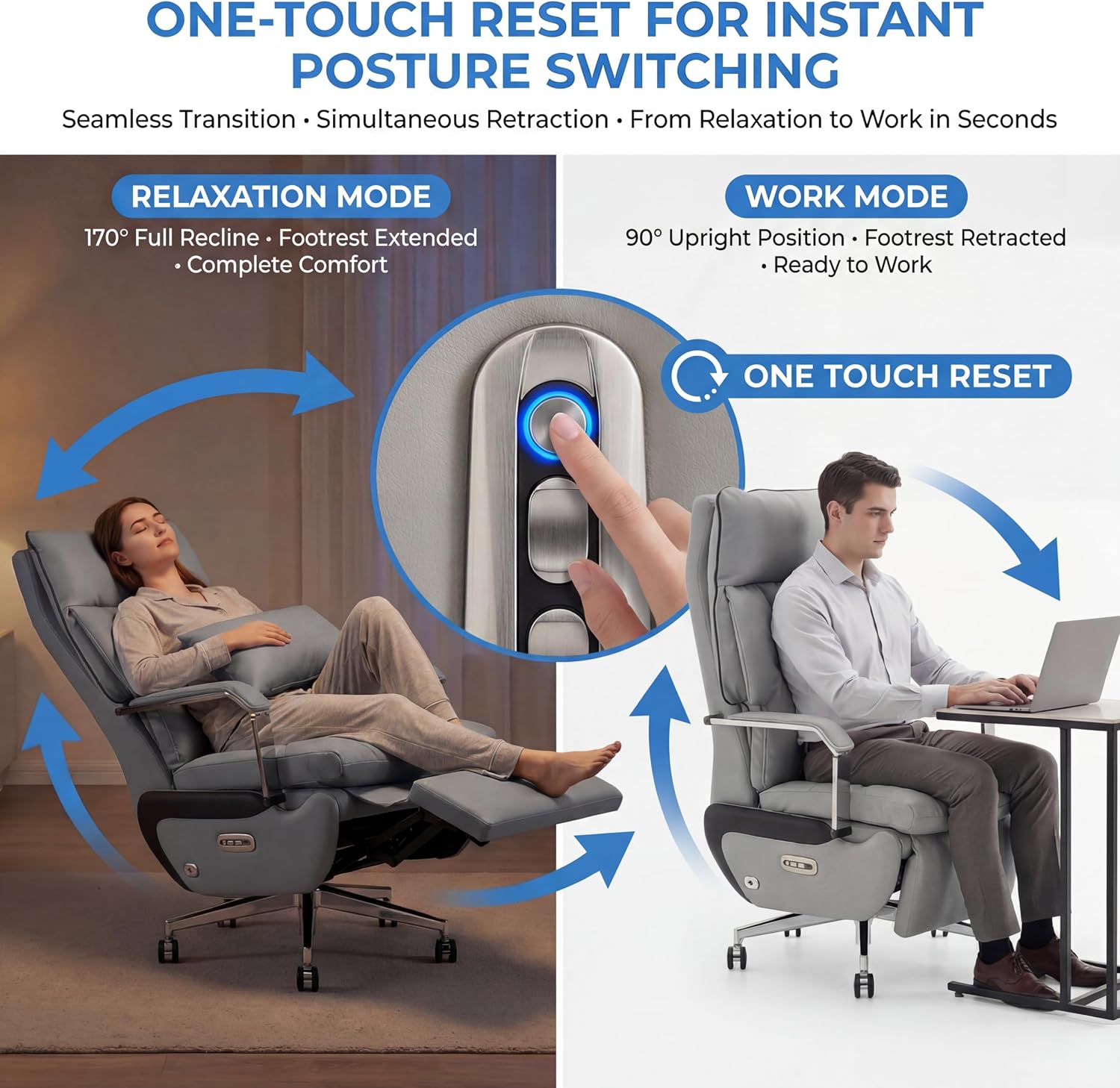 Dual Motor Executive Reclining Office Chair with Footrest – One-Click Electric Recline, Massage Lumbar Support & Pillow, Big and Tall PU Leather Ergonomic Desk Chair for Home Office(Gray)