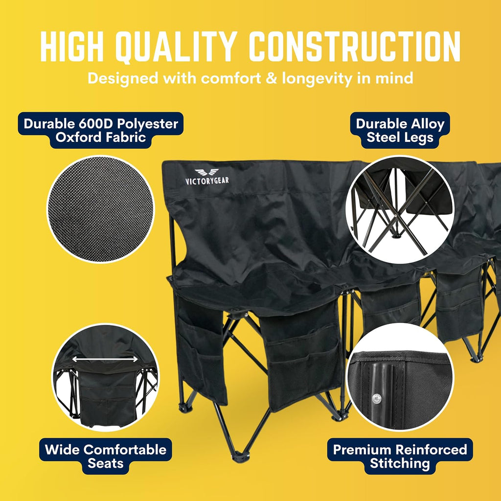 VictoryGear Portable Soccer Bench – 6 Seat Folding Team Chair with 8 Pockets & Carrying Bag – Lightweight Sideline Seating for Soccer, Baseball, Camping, Outdoor Events