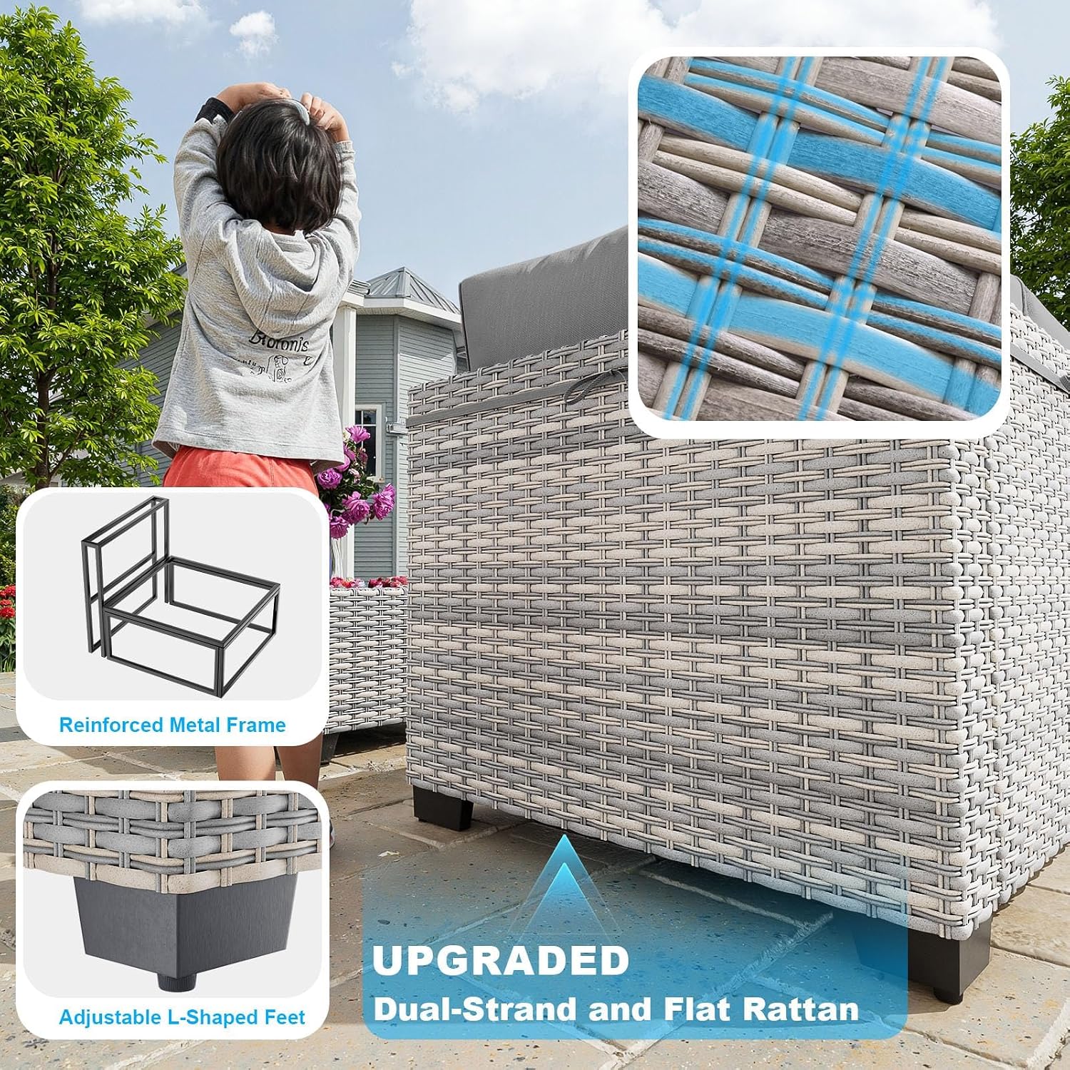 7-Piece Patio Furniture Set, Outdoor Sectional with Thick Cushions, Modular Patio Sofa, Dual-Strand Wicker Rattan, Rust-Resistant Frame, Backyard Furniture for Garden, Deck, Grey