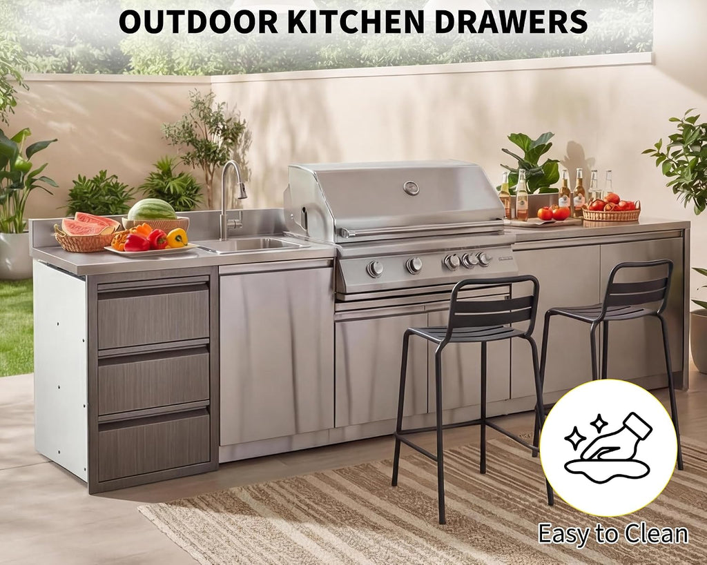 Outdoor Kitchen Cabinets Triple Kitchen Drawer for Outdoor Kitchen Island, 14.7' W Flush Mount Outdoor Cabinet for BBQ Grill Station, Heavy Duty Steel Cabinet for Outdoor Storage