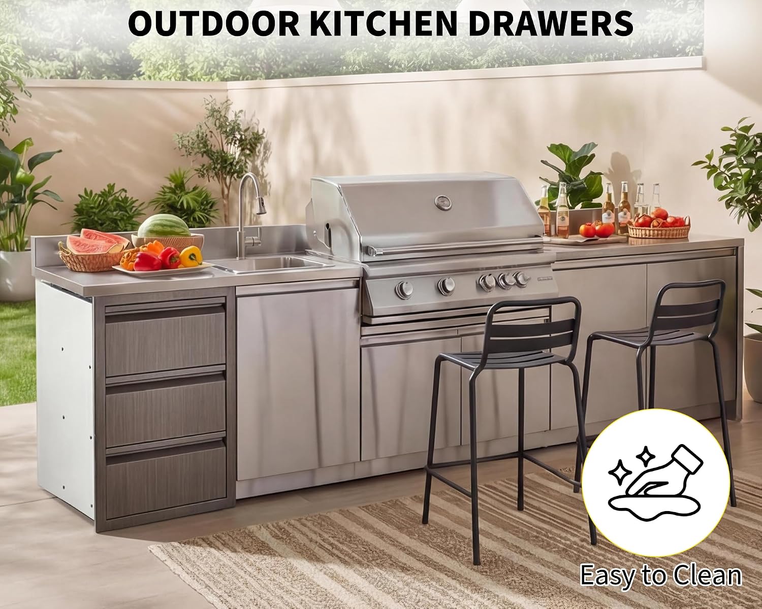 Outdoor Kitchen Cabinets Triple Kitchen Drawer for Outdoor Kitchen Island, 14.7' W Flush Mount Outdoor Cabinet for BBQ Grill Station, Heavy Duty Steel Cabinet for Outdoor Storage