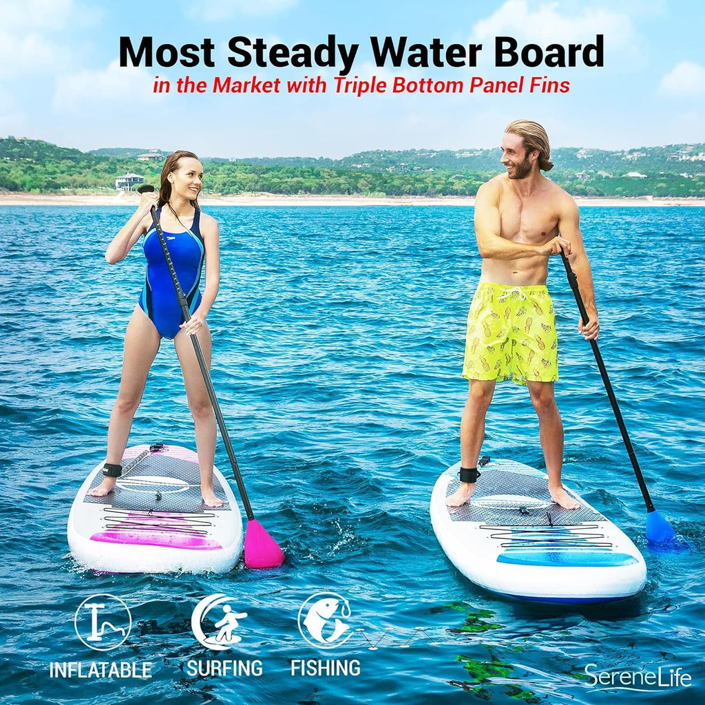 SereneLife Inflatable Stand Up Paddle Board and Detachable Seat - SUP Paddleboard Set for Adults and Youth, 32' Wide Design with Non-Slip EVA Deck Pad and Marine-Grade Materials, 350 lbs Capacity