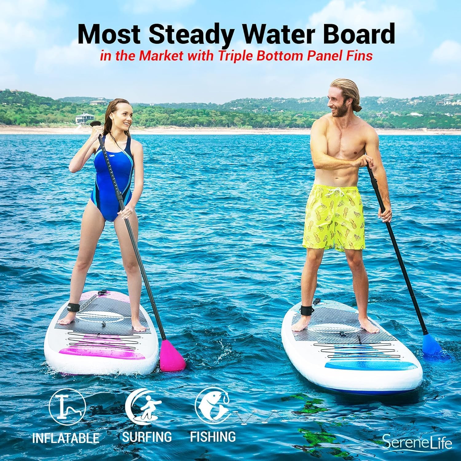 SereneLife Inflatable Stand Up Paddle Board and Detachable Seat - SUP Paddleboard Set for Adults and Youth, 32' Wide Design with Non-Slip EVA Deck Pad and Marine-Grade Materials, 350 lbs Capacity