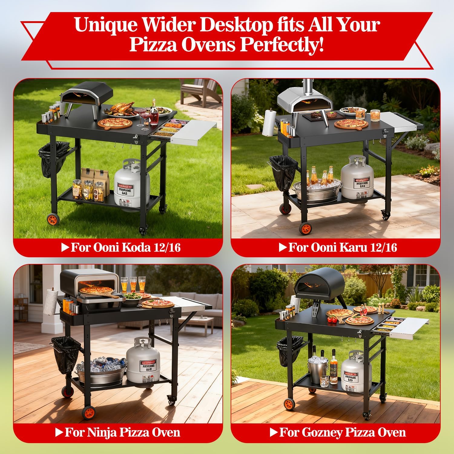 Grill Table for Pizza Ovens, Ninja Pizza Oven Table with Extendable Desk, Durable Outdoor Grill Cart Stand with Food Prep Topping Station for Patio, Backyard,43' L × 27' W