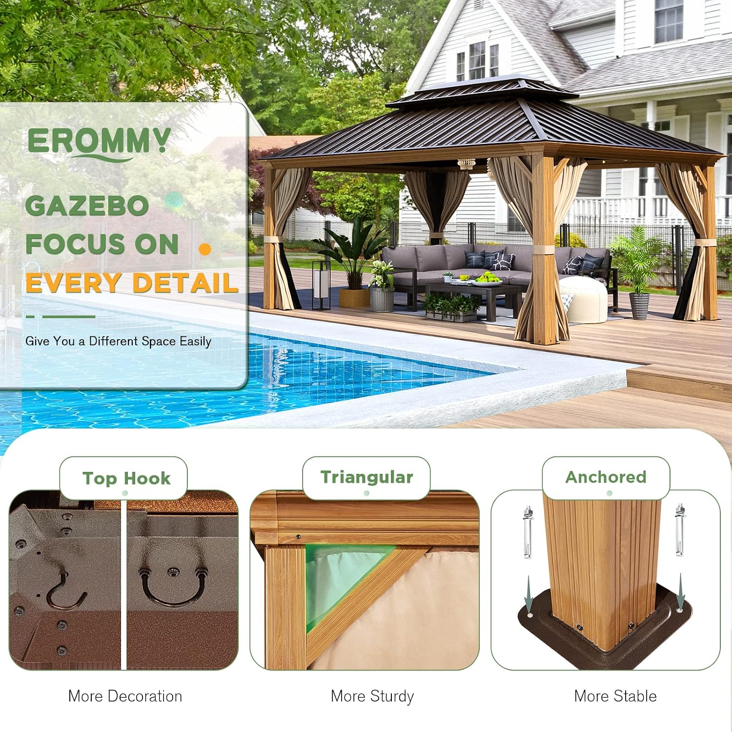 EROMMY 12'x16' Hardtop Gazebo, Wood Grain Aluminum Frame Outdoor Gazebo with Galvanized Steel Roof, Permanent Metal Pavilion with Curtains and Nettings for Patio, Backyard, Deck and Lawns