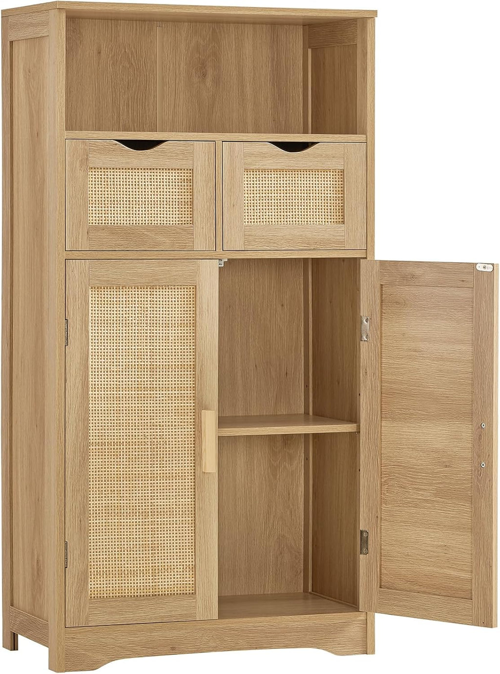 Iwell Storage Cabinet with 2 Drawers & Adjustable Shelves, Rattan Cabinet, Kitchen Pantry Cabinets, Cupboard for Living Room, Kitchen, Home Office, Natural SNG008NR
