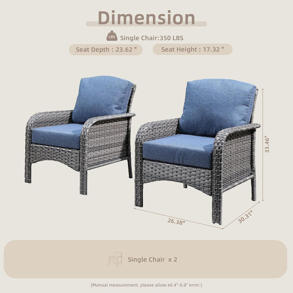 CAODOC 2 Pack Wicker Patio Furniture Chairs,Outdoor Rattan Chairs with Armrest Support 250 lb,Blue