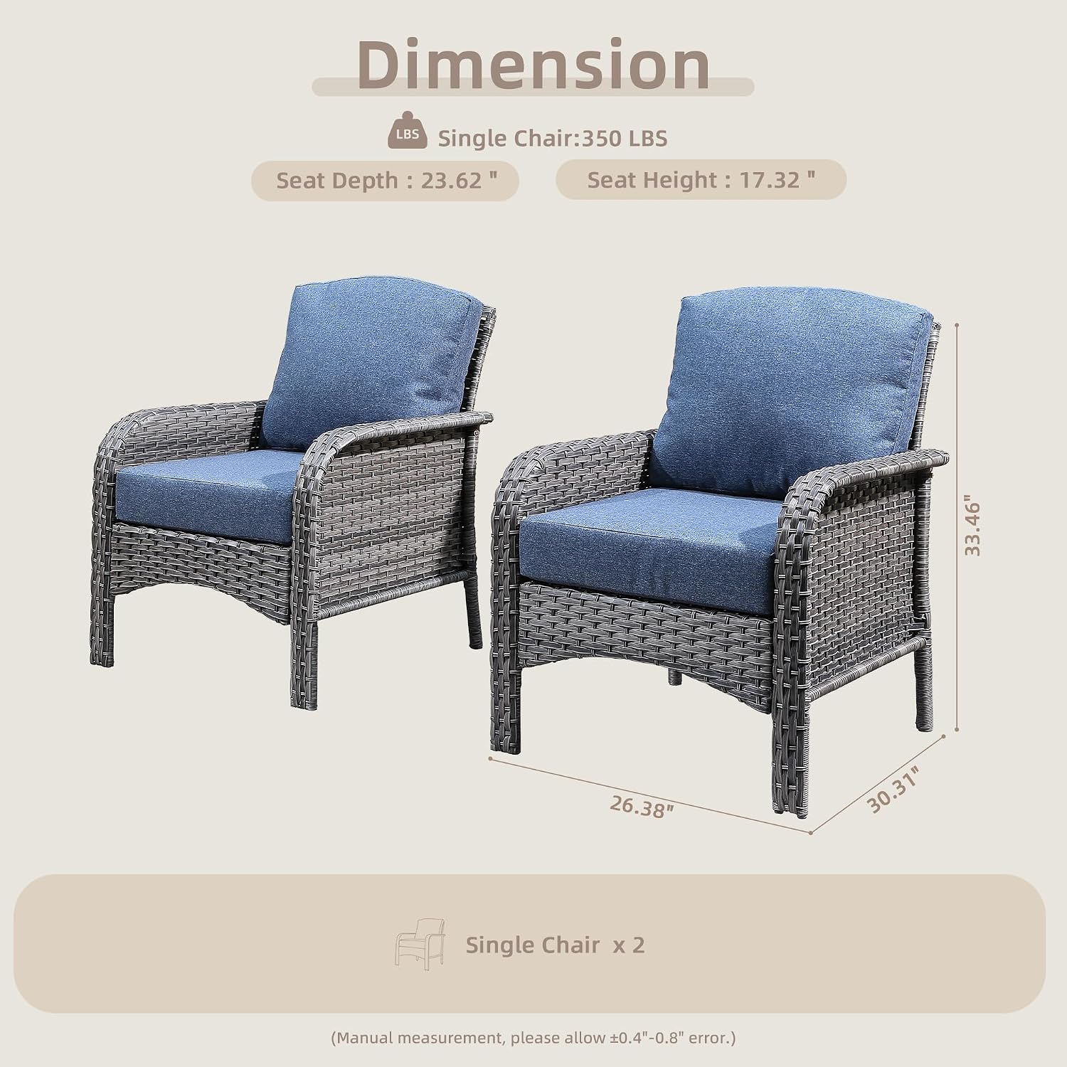 CAODOC 2 Pack Wicker Patio Furniture Chairs,Outdoor Rattan Chairs with Armrest Support 250 lb,Blue