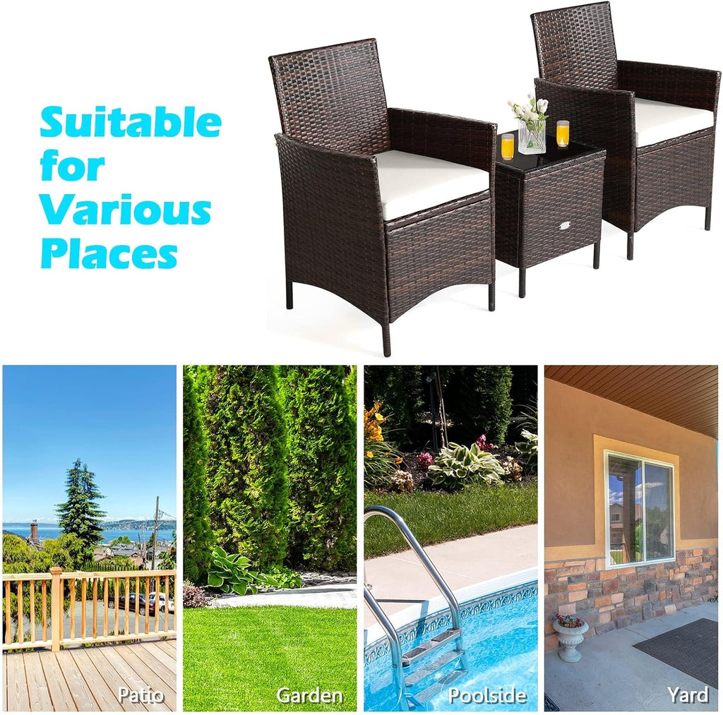 HAPPYGRILL 3 Pieces Rattan Patio Bistro Set, PE Wicker Furniture Set Outdoor Conversation Set with Coffee Table & Soft Cushions Porch Furniture Set for Garden Lawn Poolside Backyard