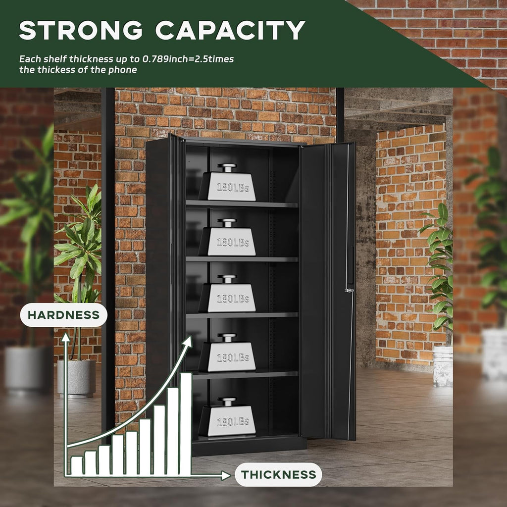 Greenvelly Metal Garage Storage Cabinet, 72' Lockable Storage Cabinet with Adjustable Shelves, Steel Tool Cabinets, Black Metal File Cabinet for Home Office, Garage, School, Classroom(36' W x 18' D)
