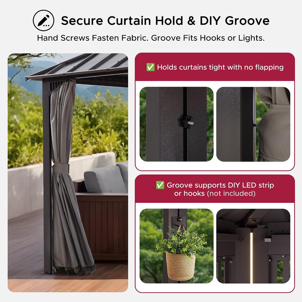 SUNJOY Kingston 12' x 12' Hardtop Gazebo with Galvanized Steel/Polycarbonate Double Roof, Curtain and Netting, Brown Aluminum Posts Permanent Pavilion Gazebo for Garden, Patio, Deck, Lawn