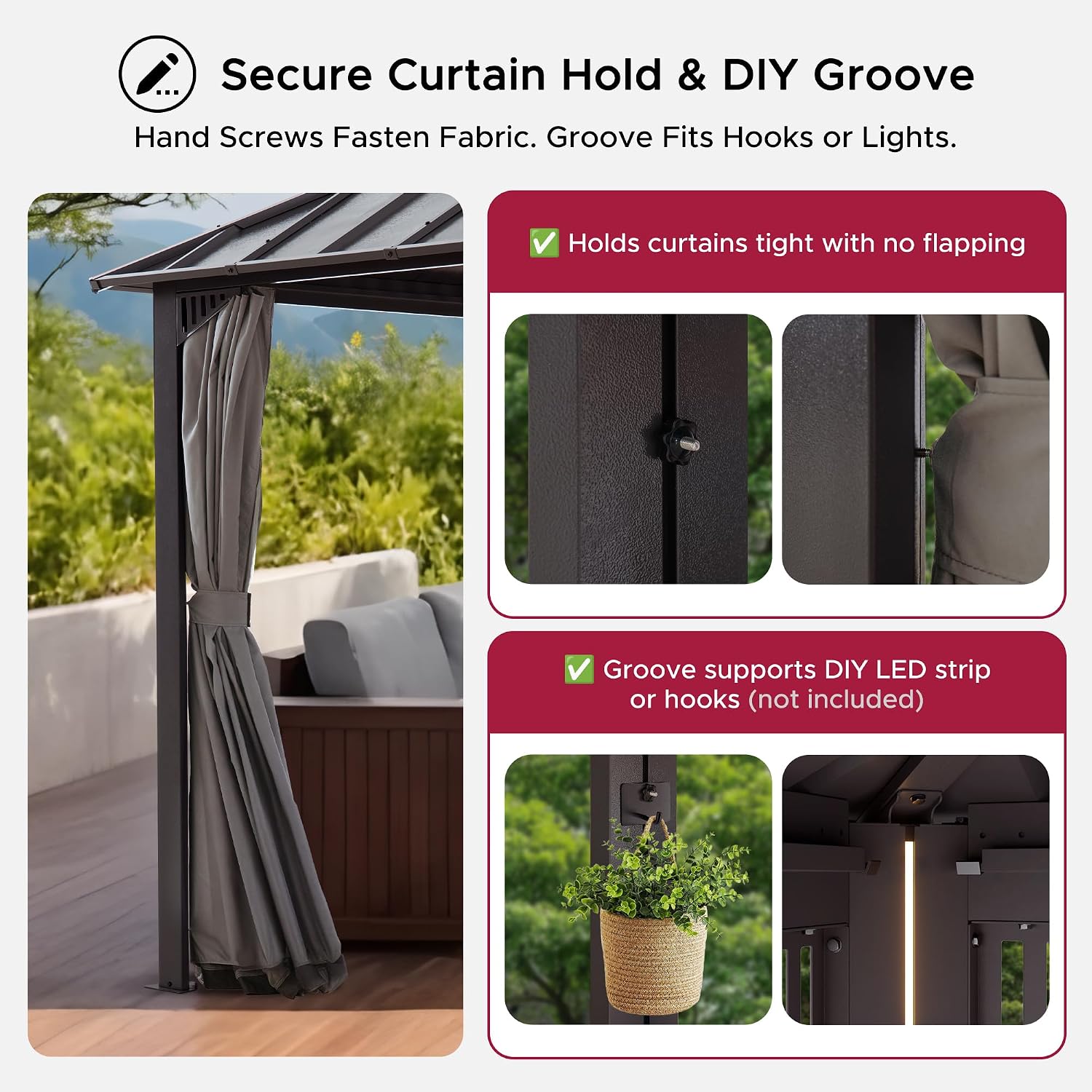 SUNJOY Kingston 12' x 12' Hardtop Gazebo with Galvanized Steel/Polycarbonate Double Roof, Curtain and Netting, Brown Aluminum Posts Permanent Pavilion Gazebo for Garden, Patio, Deck, Lawn