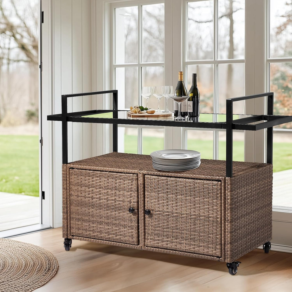 VINGLI Outdoor Storage Cabinet with Wheels, Waterproof Woven Rattan with Double Magnetic Doors, Mobile Multi-Purpose Cabinet for Storage, Buffet Server, Bar Table, Potting Bench (Glass Top)