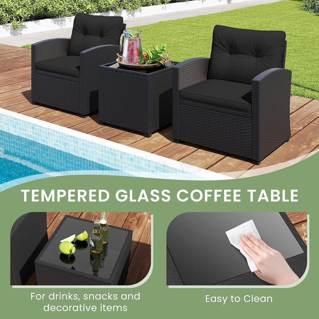 ORALNER 3 Pieces Patio Furniture Set, Wicker Conversation Set Outdoor Chairs with Cushions, Glass Coffee Table, Rattan Bistro Set for Front Porch Balcony Garden Deck Poolside (Black)