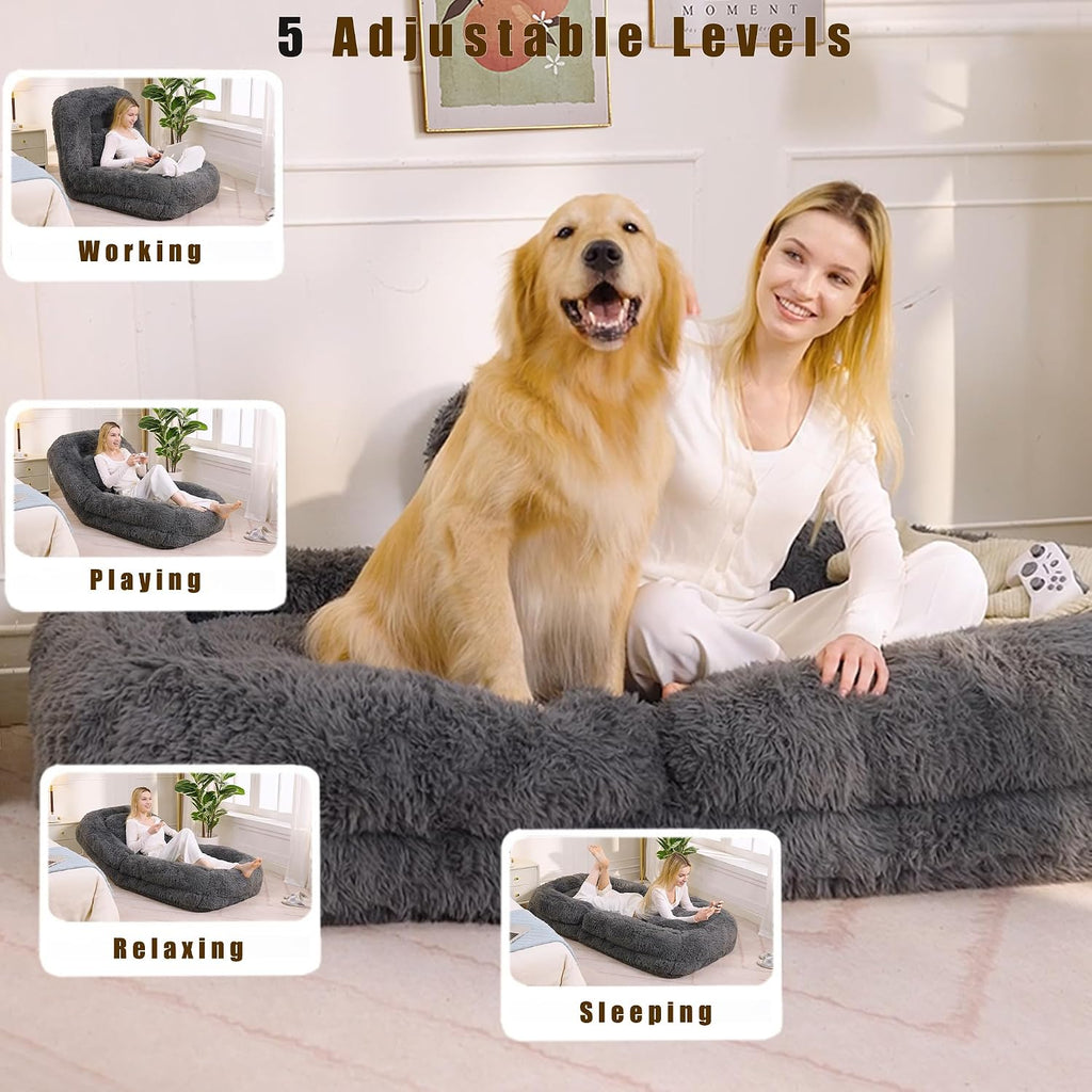 Floor Chair with Back Support, Human Dog Bed with 5 Adjustable Position, Convertible Lazy Floor Lounger, Comfy Gaming Chair, Plush Folding Sofa Bed for Adult, Living Room, Bedroom, Dark Gray