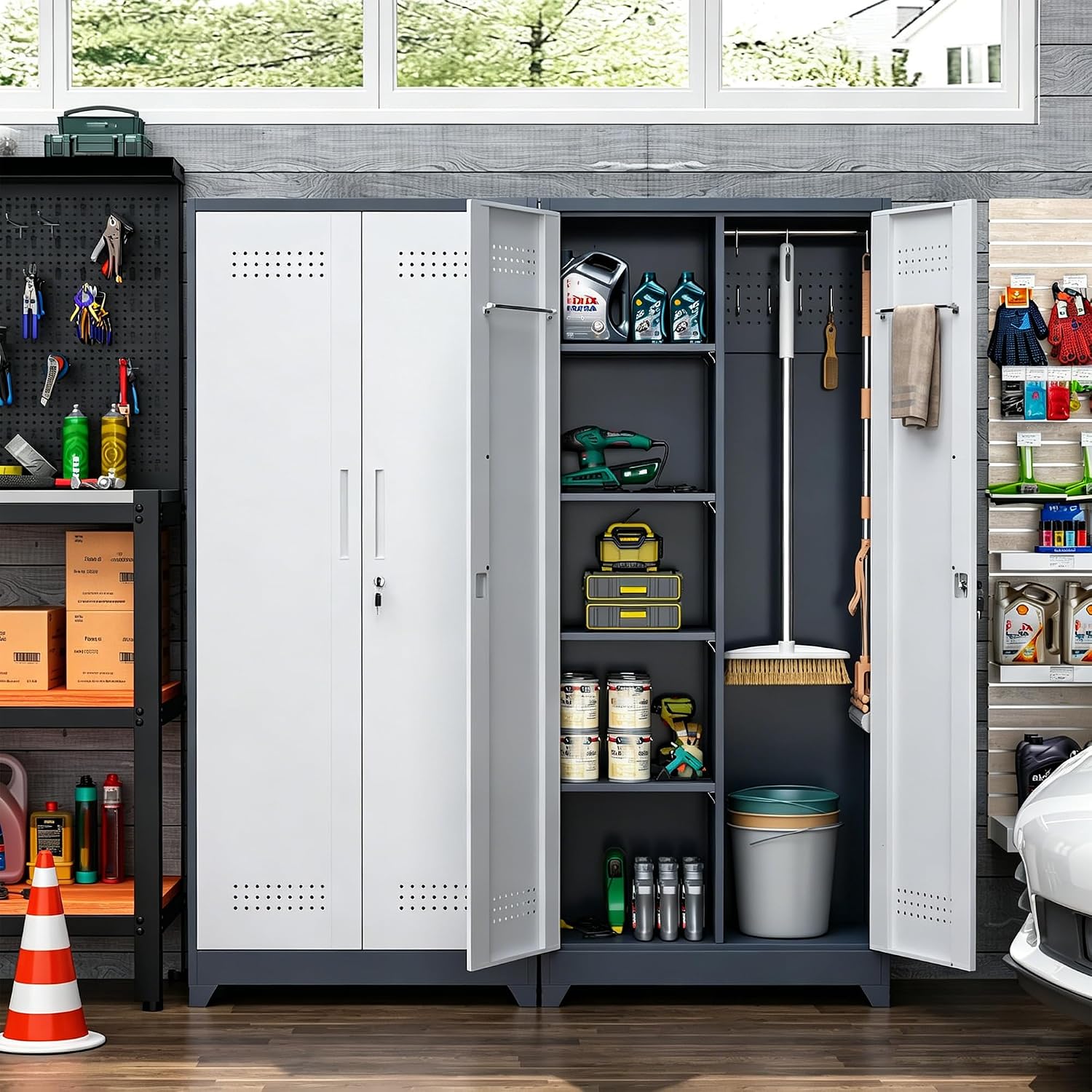 Metal Storage Cabinet 72' Tall, Garage Storage Cabinet with Lockable Doors & Shelves, Utility Broom Closet, Steel Tool Cabinet for Garage, Laundry Room, Home Office, Grey/White