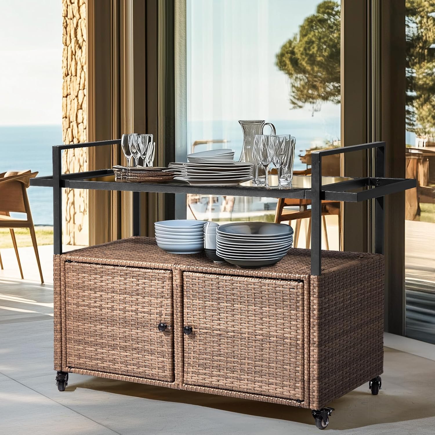 VINGLI Outdoor Storage Cabinet with Wheels, Waterproof Woven Rattan with Double Magnetic Doors, Mobile Multi-Purpose Cabinet for Storage, Buffet Server, Bar Table, Potting Bench (Glass Top)