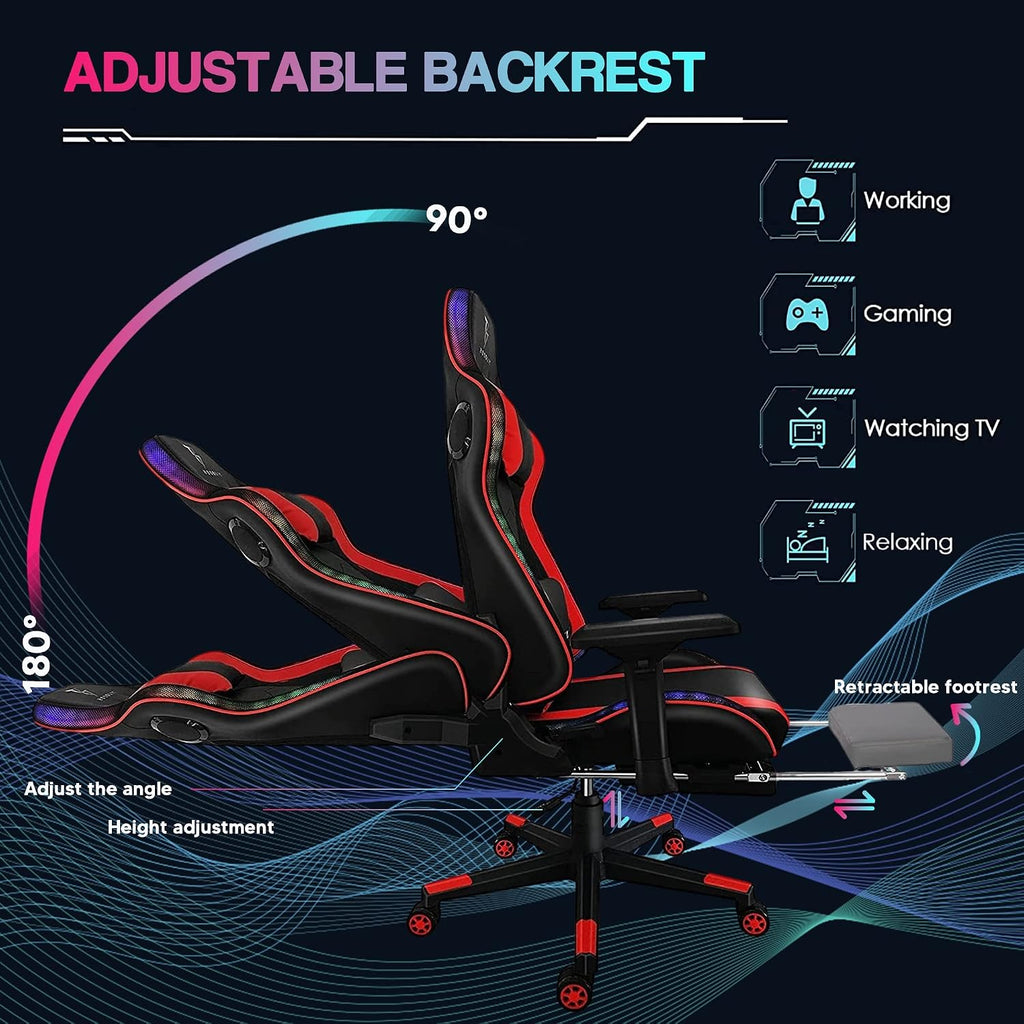 RGB Gaming Chair Office Chair with 4D Armrest Racing Game Chair with Speakers and LED Lights PU Leather High Back Ergonomic Massage Computer Chair for Heavy People Lumbar Support PC Chair,Black