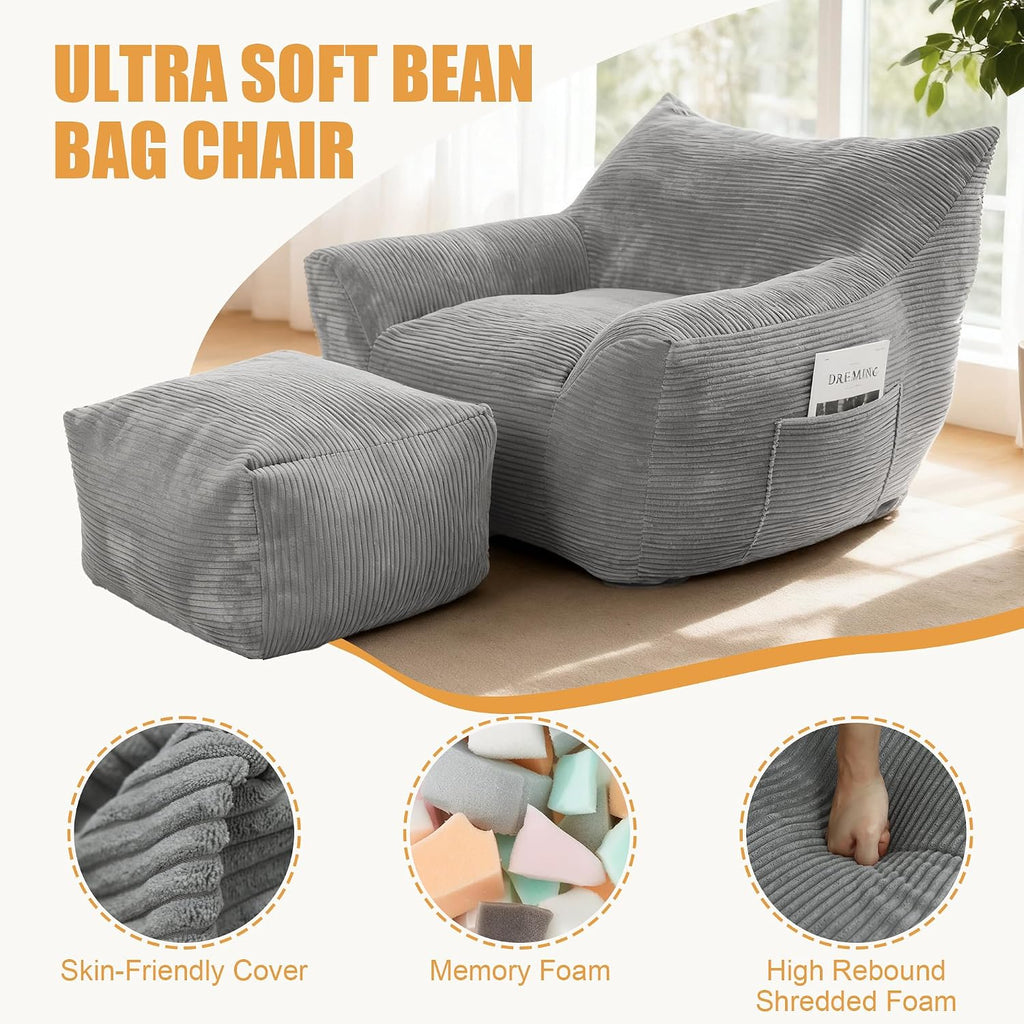 Giant Bean Bag Chair with Ottoman, Comfy Bean Bag Couch with 2 Side Pocket, Corduroy Boneless Couch Chair in a Box, Stuffed Lounge Floor Sofa for Dorm, Bedroom, Living Room, Gray