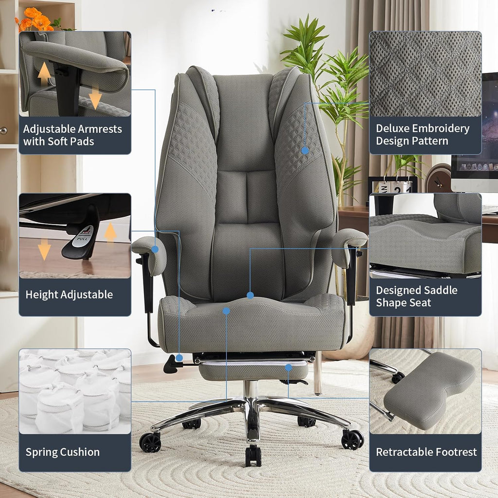 EXCEBET Big and Tall Office Chair 400lbs Wide Seat, Leather High Back Executive Office Chair with Foot Rest, Ergonomic Chairs Lumbar Support for Lower Back Pain Relief (Mesh Light Grey)